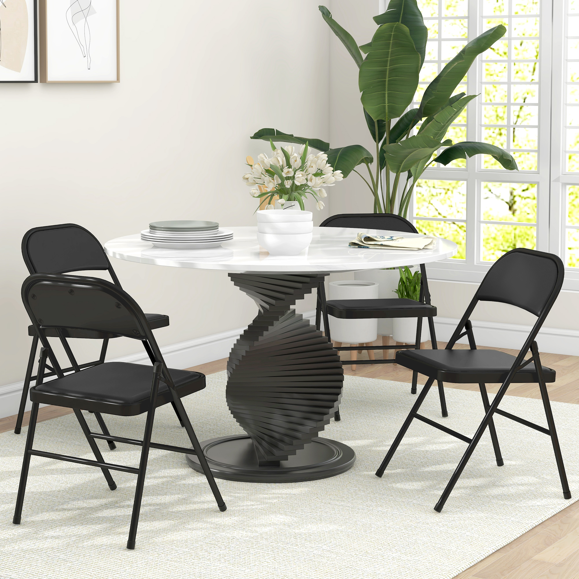 HOMCOM 4er-Set Klappstühle, Tragbare Bürostühle, Metallbeine, Faltstuhl für Büro, Empfang, Wartezimmer, Kunstleder, Schwarz