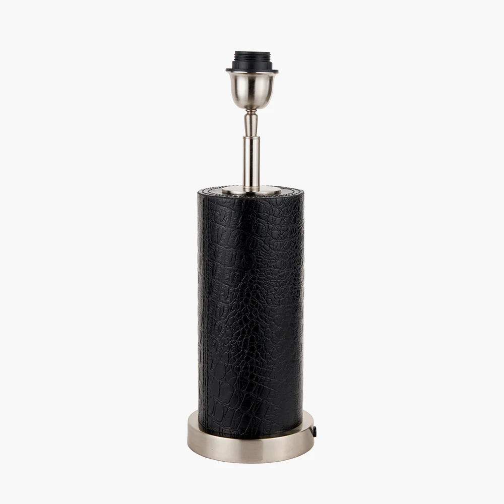 Black Croc Leather and Silver Cylindrical Table Lamp