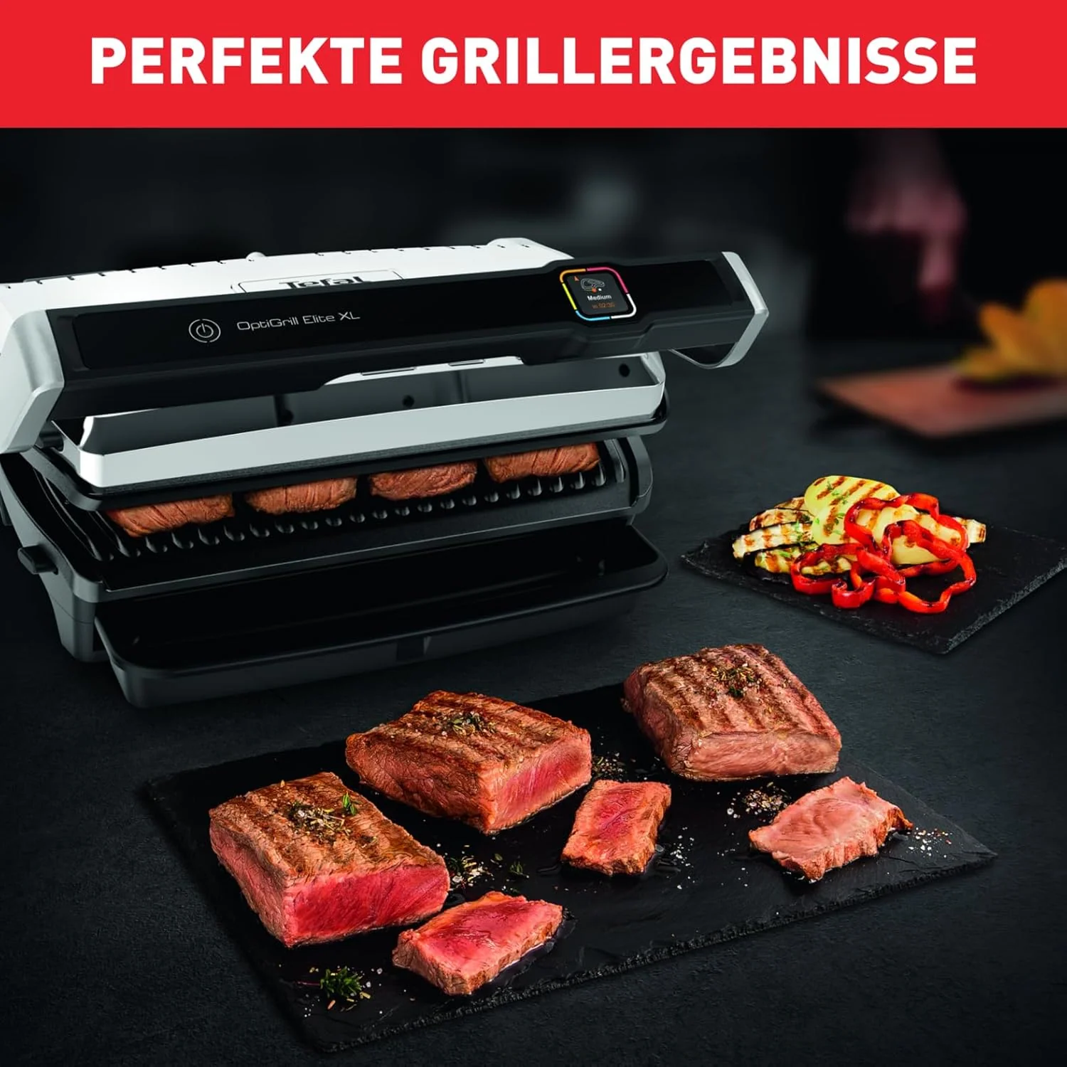 Tefal OptiGrill Elite XL Kontaktgrill, 16 Programme, Digitales Display mit Garstufenanzeige, abnehmbare XL-Platten, Grillboost-Funktion, intuitive Bedienung, Elektrogrill, Edelstahl, GC760D12