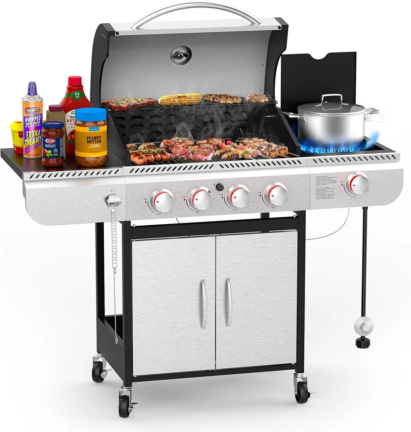 3 & 4 Burner Propane Gas Grills with Side Burners, for Outdoor Cooking, BBQ, Patio, Camping