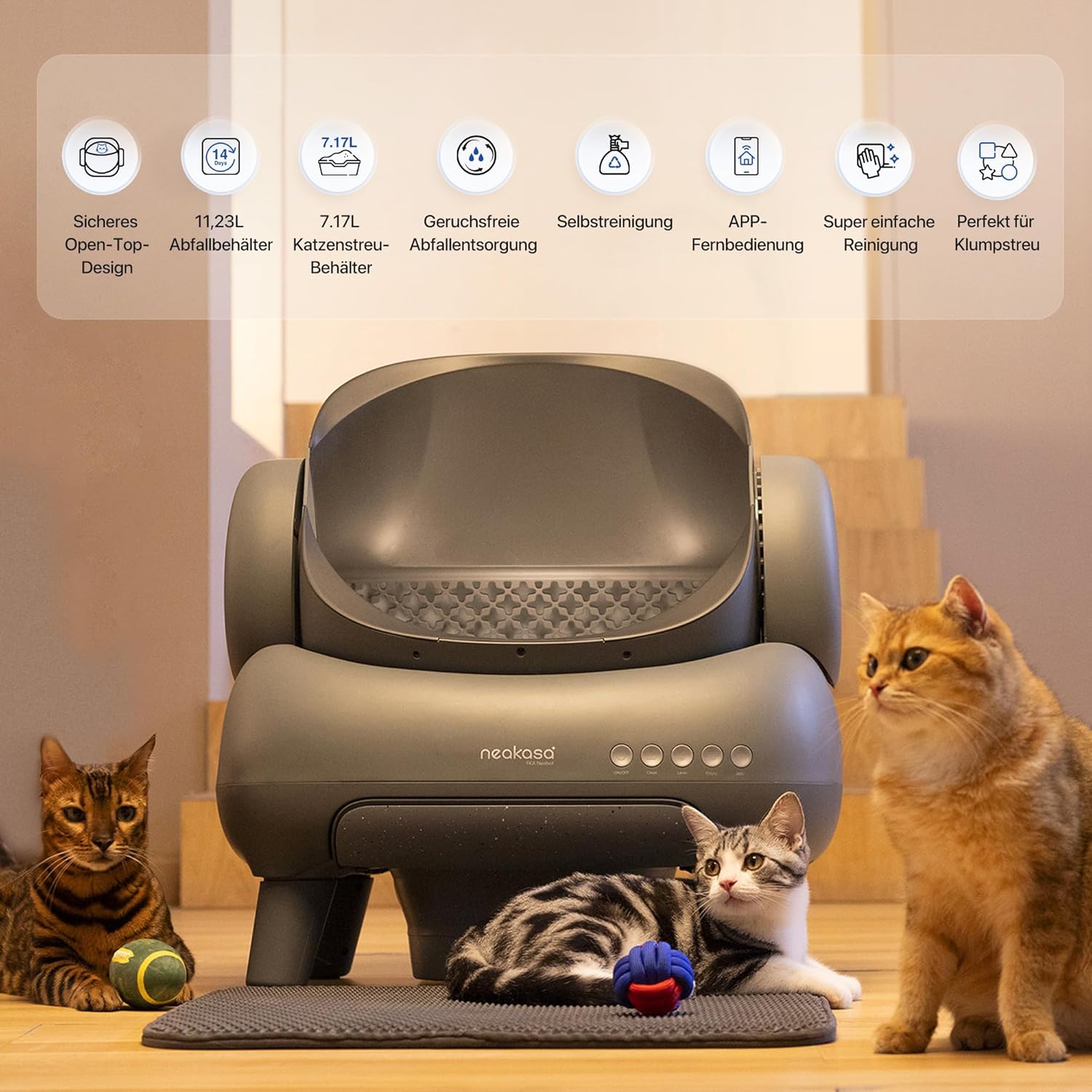 Neakasa M1 Oben offene Katzenklo selbstreinigend Katzentoilette XXL, Geruchsfreie, Hygienisch, App-Steuerung, Große Fassungsvermögen, mit Katzenstreu Matte, Cat Litter Box mit für mehrere Katzen
