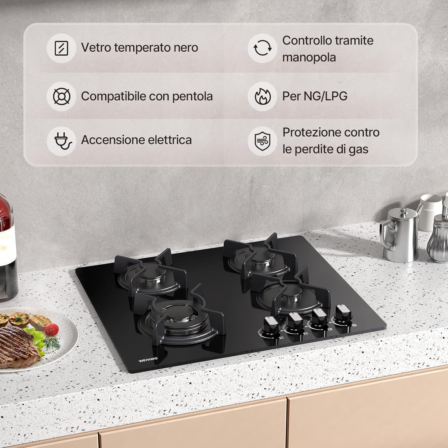 WEHIMO Piano Cottura a Gas 4 Fuochi da Incasso, 60cm, 7800W, Protezione Flame-Out, Gas Naturale/Propano/Butano, Vetro Nero