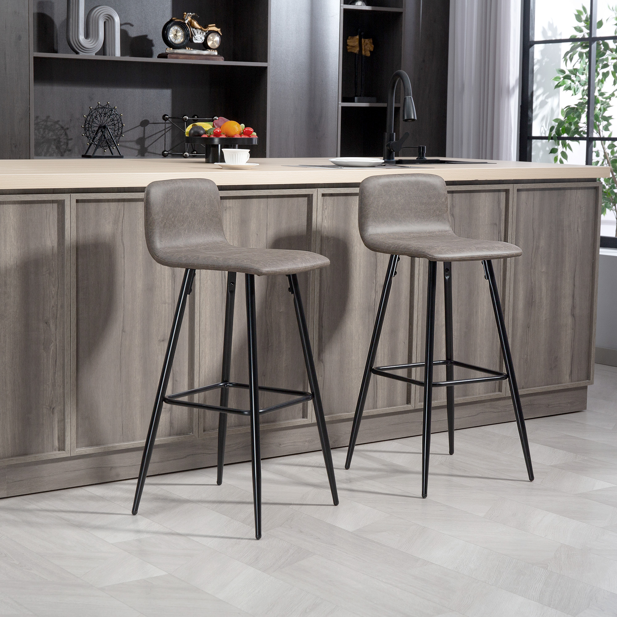 HOMCOM Set 2 Barhocker mit niedriger Rückenlehne und Fußstütze, PU-Bezug und Stahlbeine, Dunkelbraun
