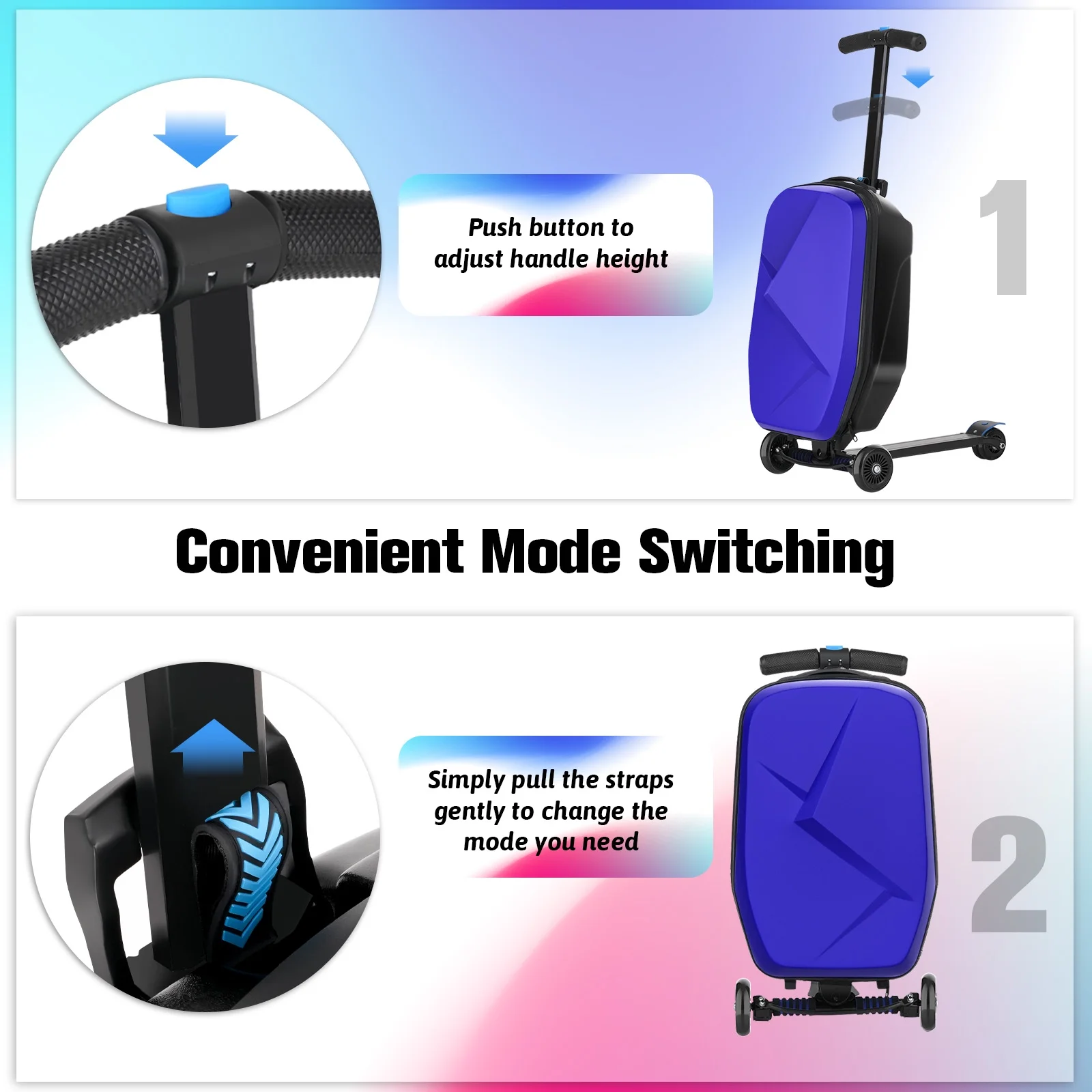 Advwin Scooter Luggage for Kids & Adults, Hardside Ride on Suitcase for Kids Ages 4-15 Multifunctional Lightweight Foldable Carry on Luggage with Wheels Ride on for Children Teenagers, Pink
