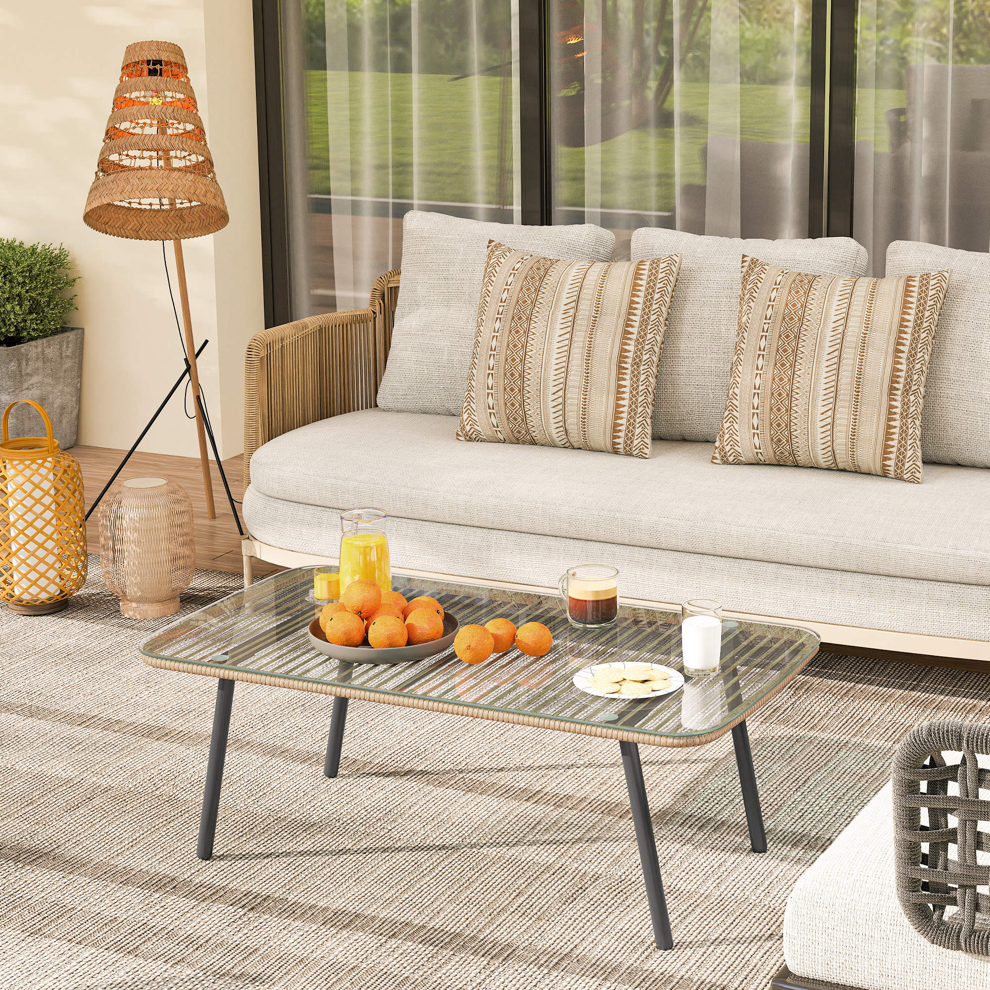 Outsunny Garten-Couchtisch mit 5 mm dickem gehärtetem Glas-Plateau, Beistelltisch für Draußen, Stahlrahmen, natürliche Holzoptik