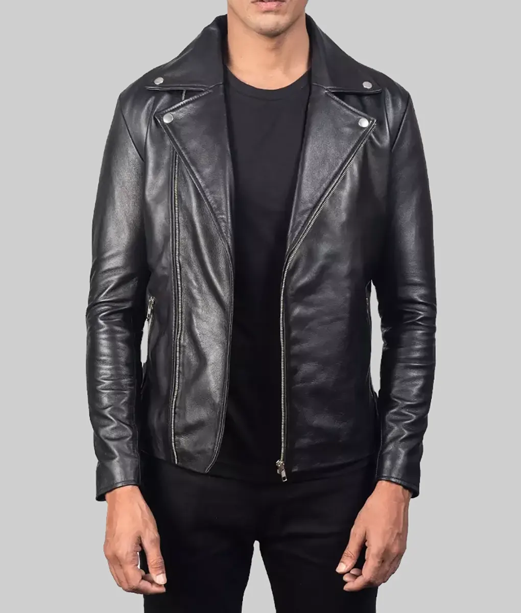Men Black Asymmetrical Biker Leather Jacket