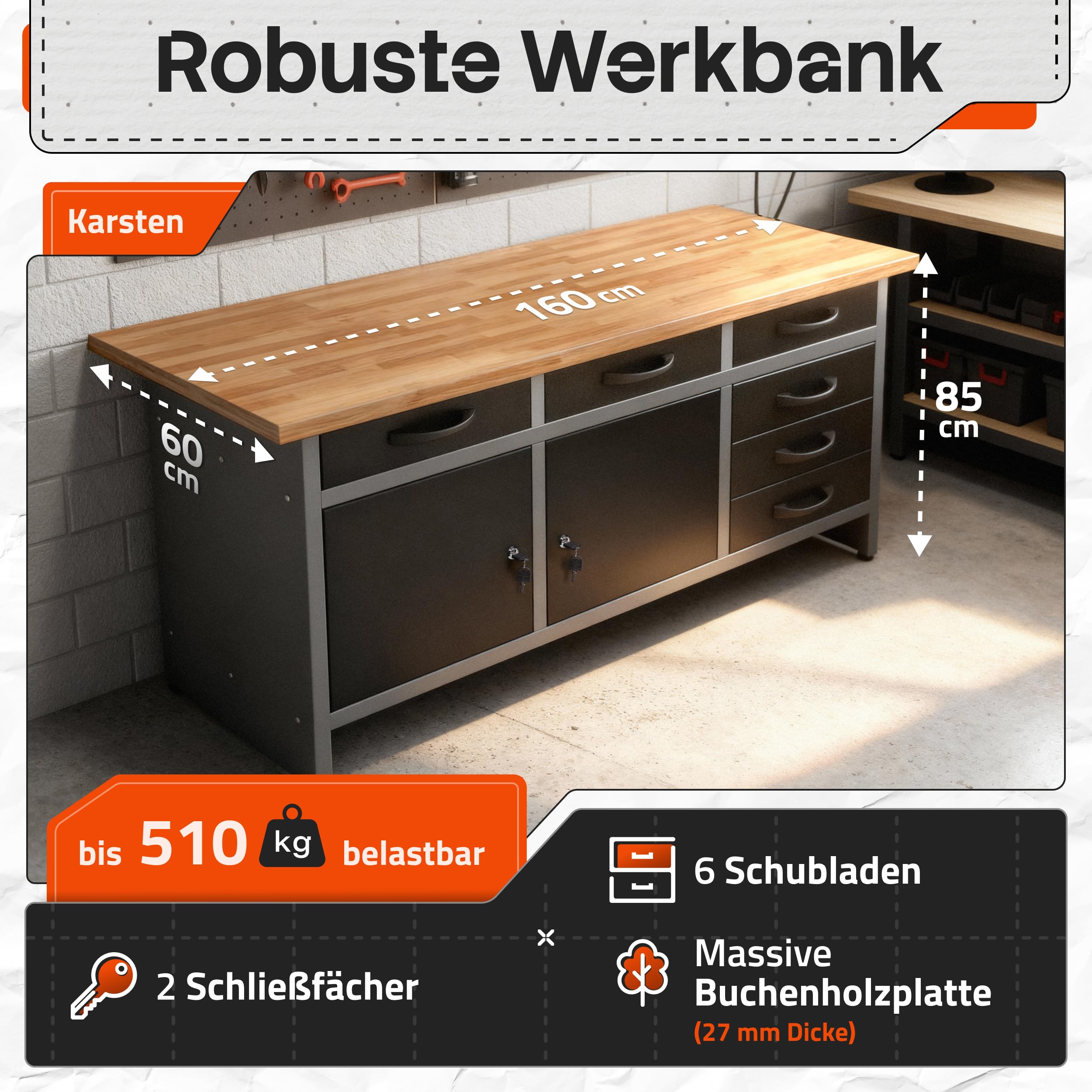 Werkbank mit 6 Schubladen und 2 abschließbaren Türen, 160 x 60 x 85 cm, Buchenholz-Arbeitsplatte, bis 510 kg belastbar