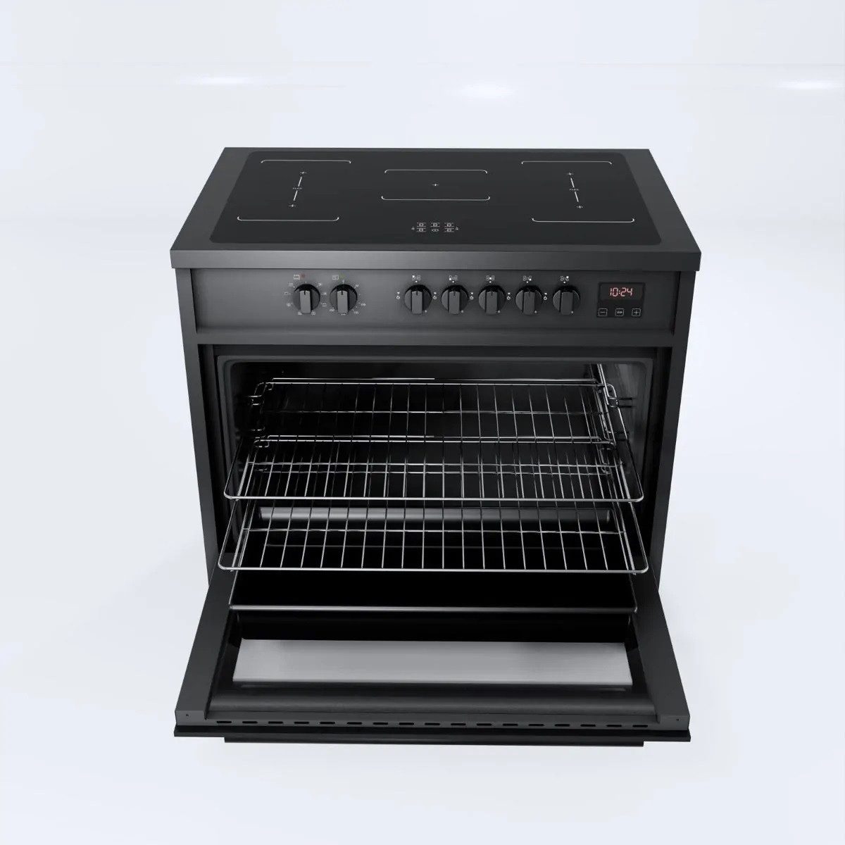 Induktions-Standherd Induktionsherd 90 cm Standherd Schwarz, 5 Kochzonen, XXL Backofen 121L, Range Cooker,FLEX Zonen E 913 BL
