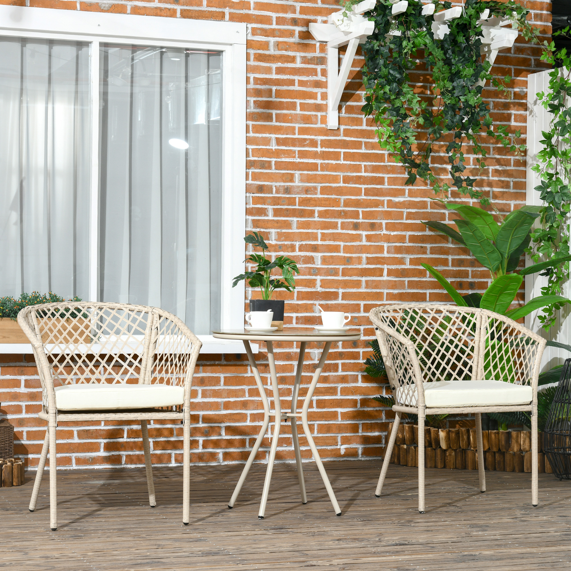 Outsunny Rattan Gartenmöbel-Set, 2 Stühle und Tisch, Hartglas-Tischplatte, PE-Rattan, Sitzauflagen, Metallrahmen, Khaki