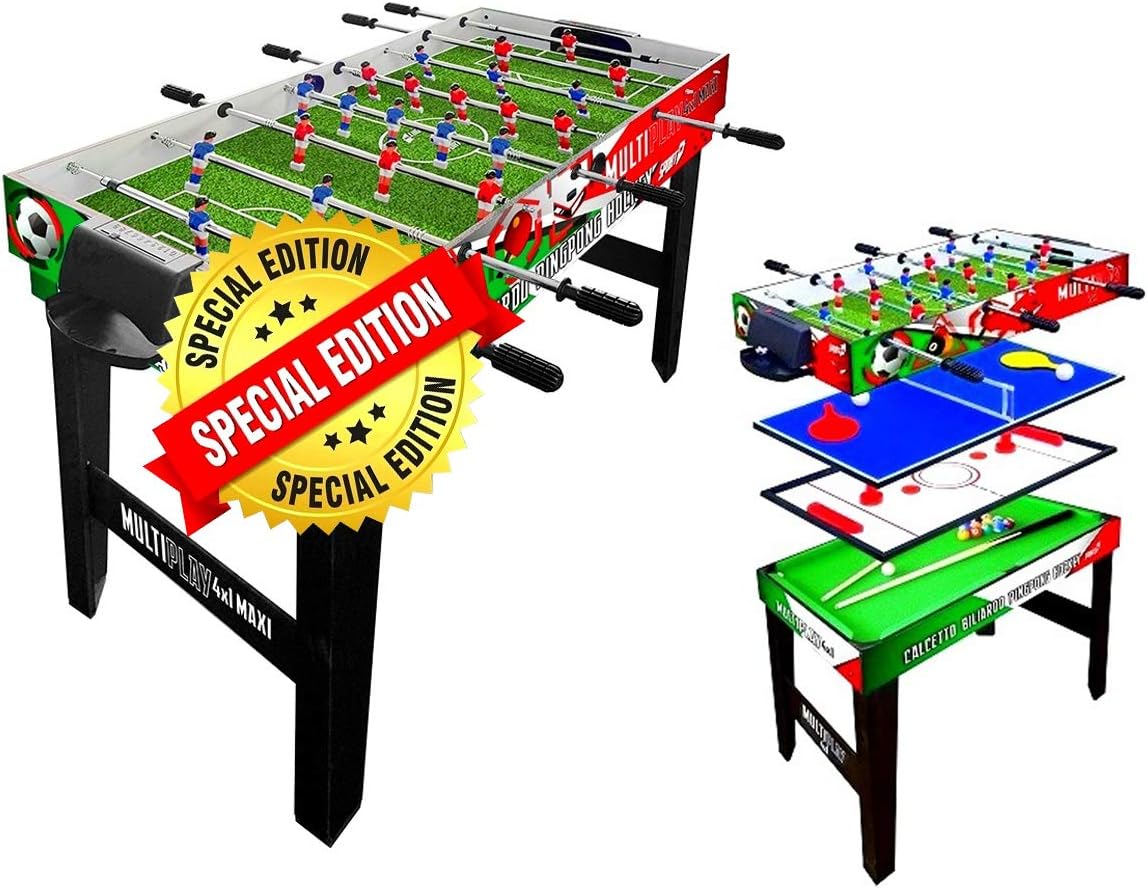 Sport One Tavolo Multigioco Super Italy - 4 Giochi in 1 - Calciobalilla 4 Vs 4 Aste Rientranti/Ping Pong/Tavolo da Biliardo & Speed Hockey - Cm. 121,90 X 60 X 81,5 - Special Edition