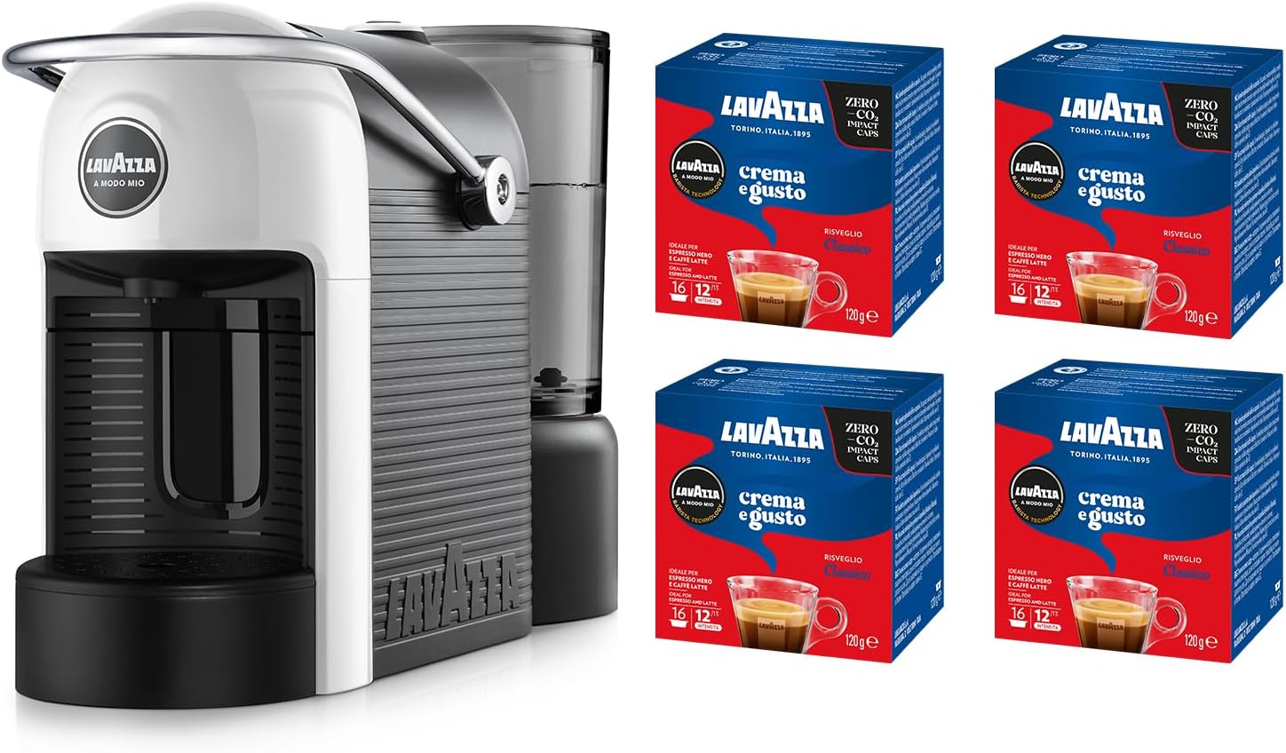 Lavazza A Modo Mio Jolie Evo Coffee Machine Made with 36% Recycled Plastic, Espresso Machine with 64 Capsules Lavazza A Modo Mio Crema and Classic Flavour Included, Red