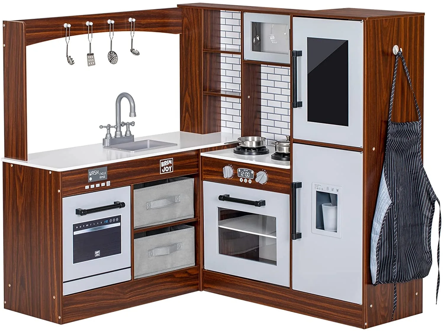 BRINJOY Corner Play Kitchen for Kids, Wooden Toddler Kitchen Playset w/ Faucet, Sink, Microwave, Oven, Apron, Blackboard, Storage Cabinets, Pretend Cooking Toys w/ Sound & Light Gift for Ages 3