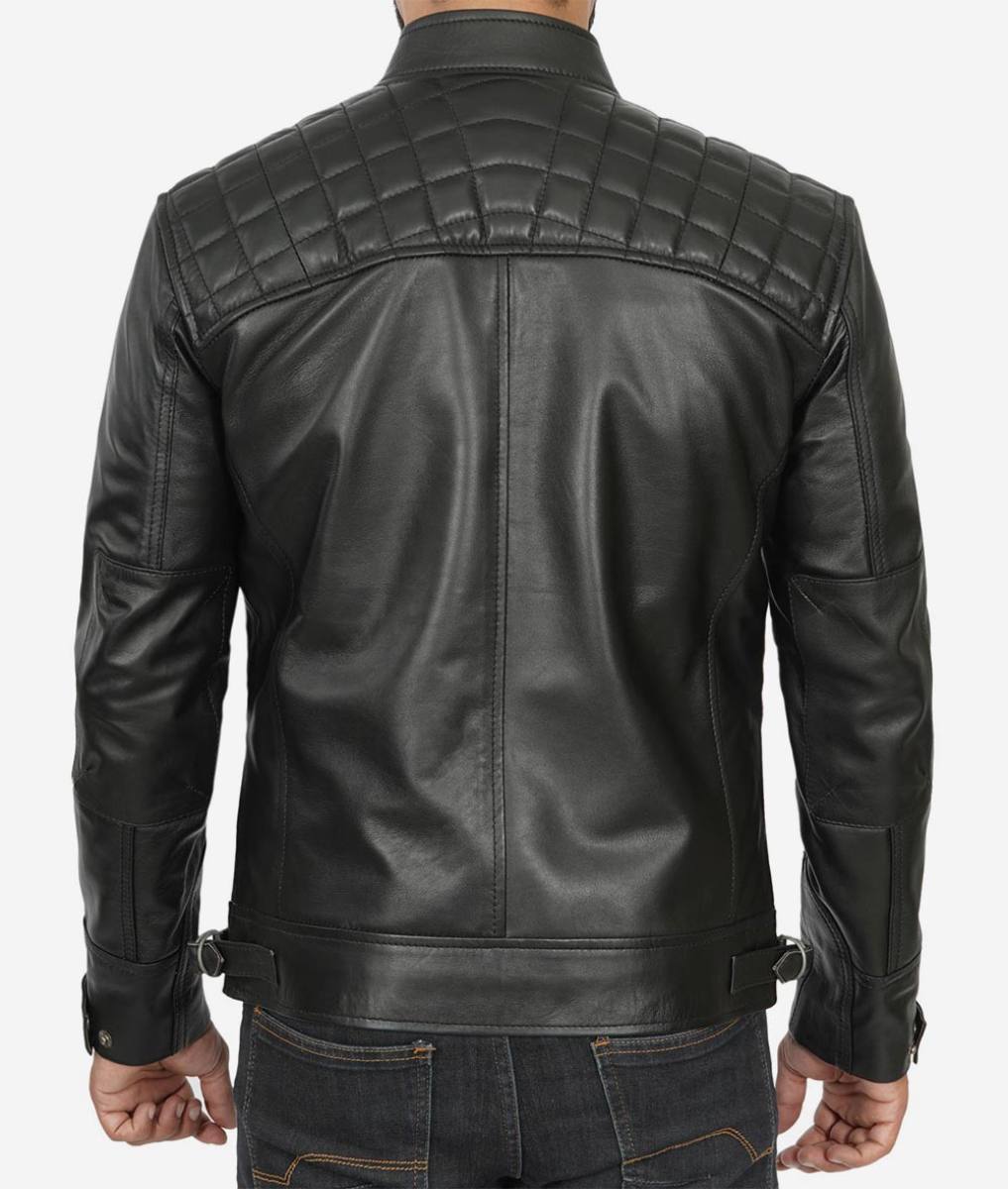 Mens Quilted Shoulder Black Cafe Racer Jacket