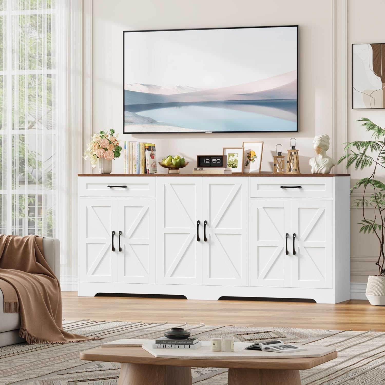 HOCSOK Sideboard, 180cm Breit Küchenschrank mit Arbeitsplatte, Sideboard Küche mit 6 Türen und 2 Schubladen, Anrichte Küchenbuffet Buffetschrank mit Verstellbare Regal für Wohnzimmer, 180×87×34 cm
