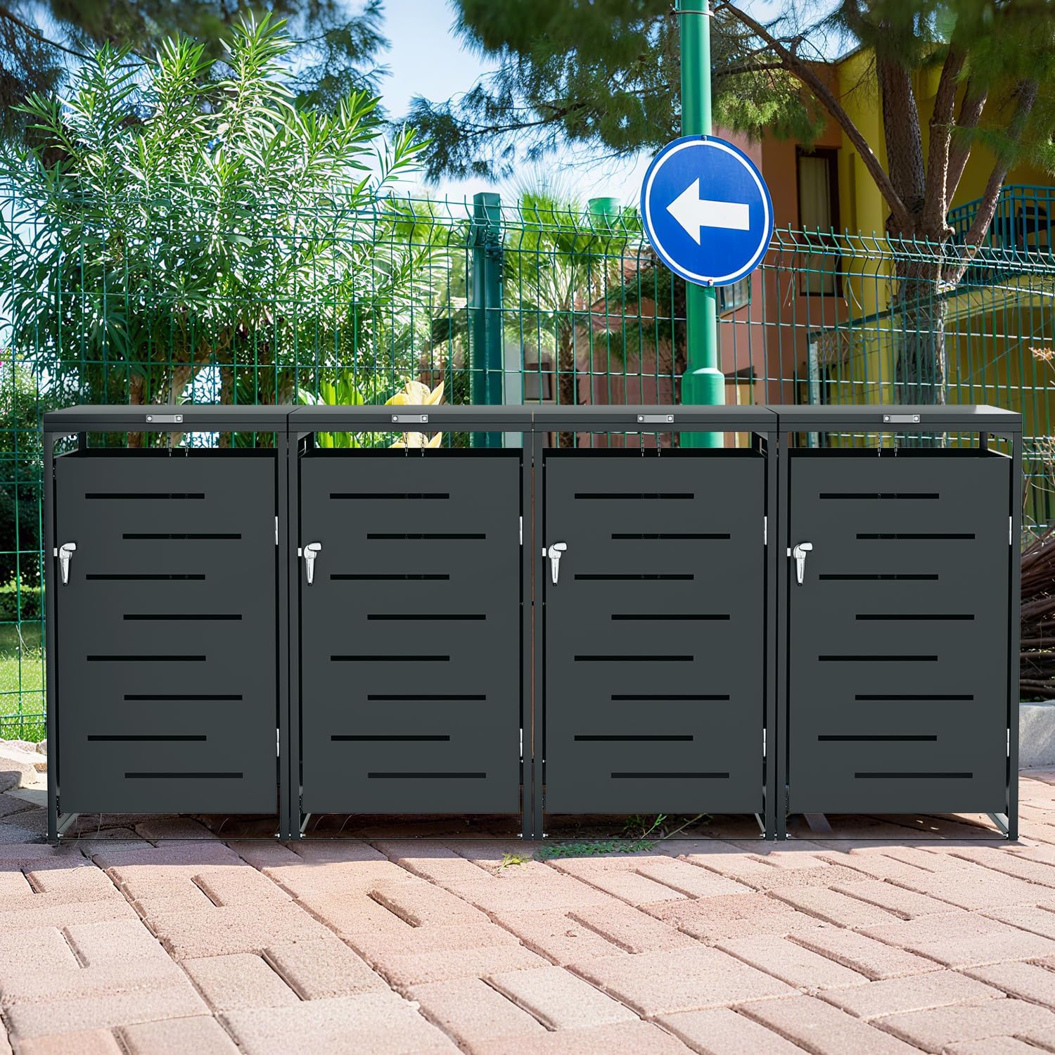 Mülltonnenbox 4er für 120L/240L, Mülltonnenverkleidung aus Pulverbeschichtetem Metall, Abschließbar, Wetterfest, mit Gasdruckdämpfern, Anthrazit