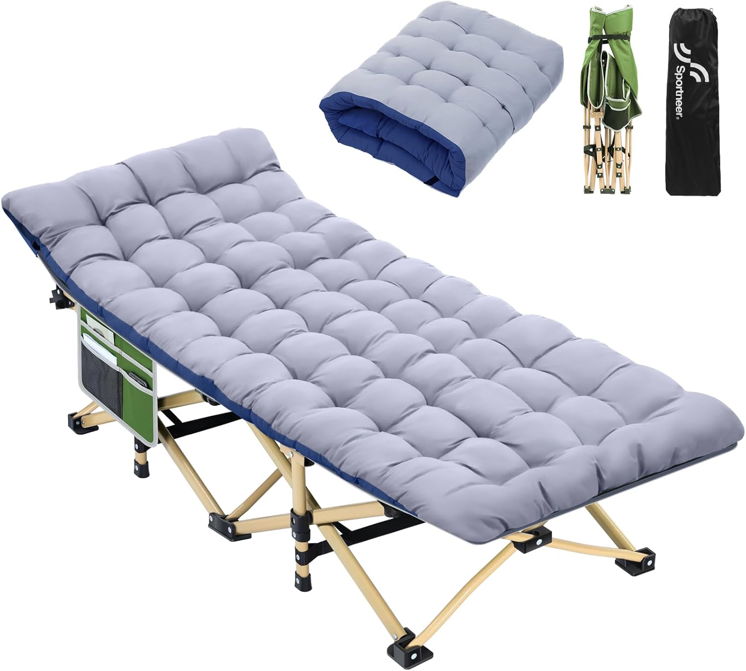 Sportneer Culla da Campeggio Portatile con Materasso, Lettino Pieghevole per Adulti 188 x 71 x 35 cm Pesante Pieghevole con Imbottitura per Tenda da Campeggio, Ufficio