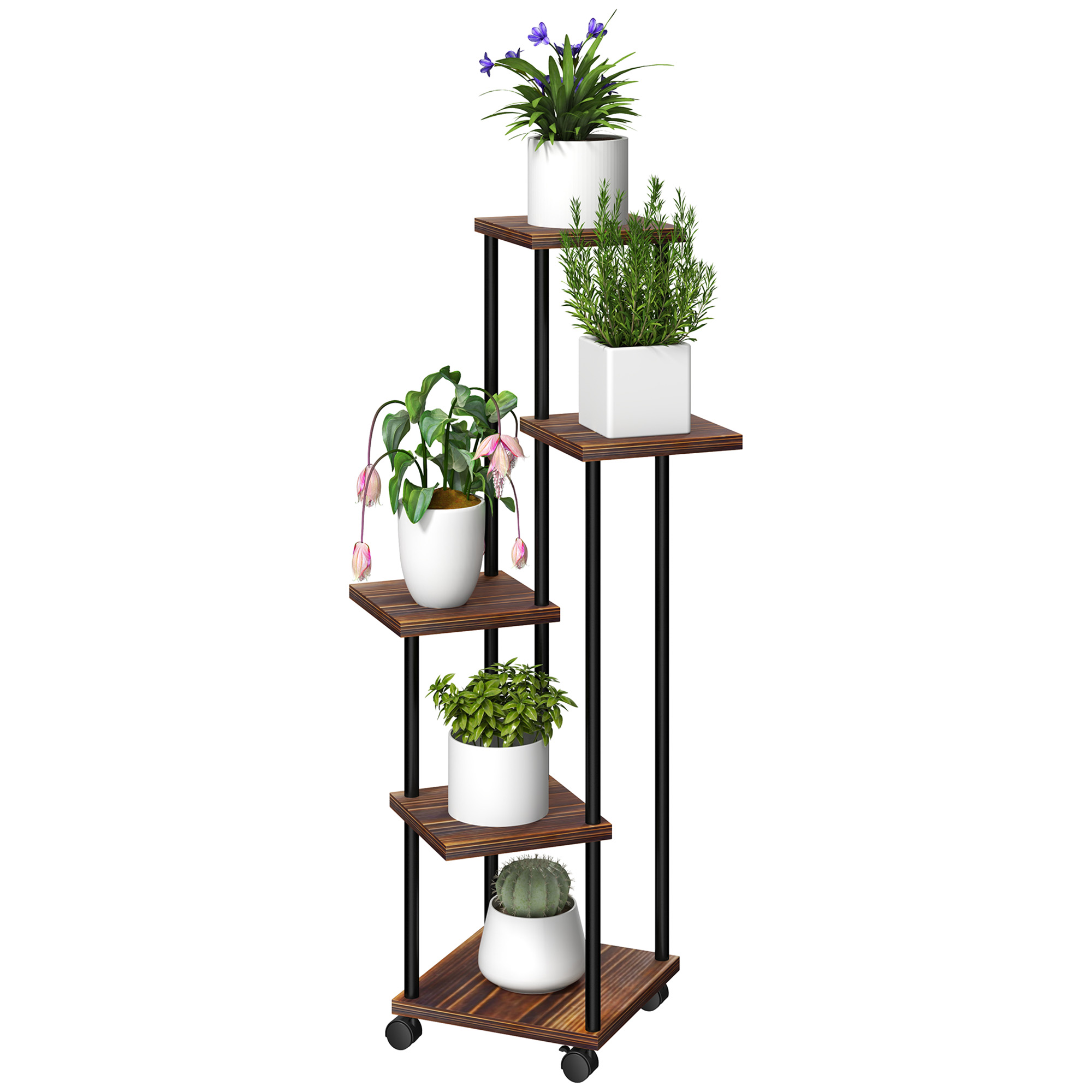 Outsunny Blumenständer mit 5 Ebenen, 5-stufiger Pflanzenständer, versetztes Design, leicht zu verschieben, Holz, Stahl