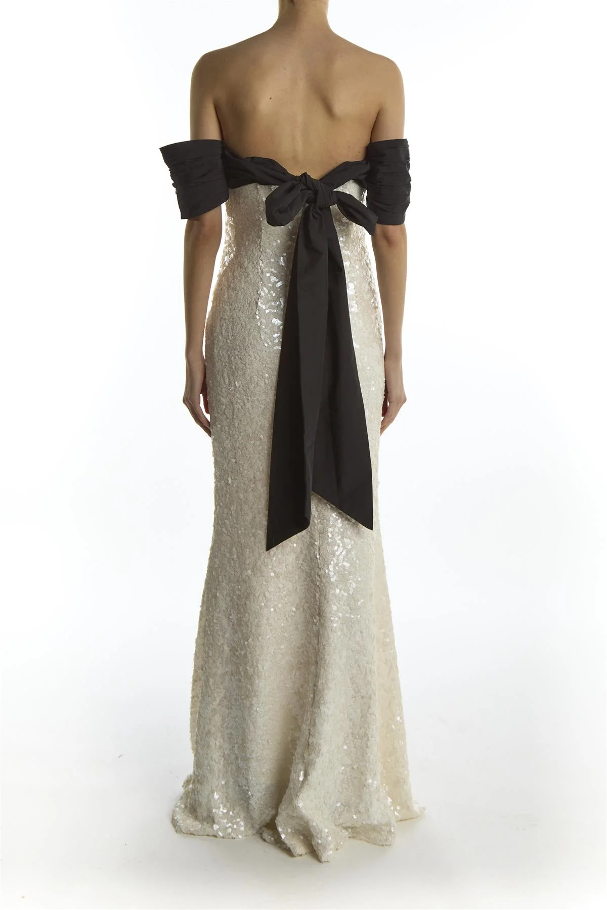 Paloma White Sequin Maxi-Dress With Black Bardot Bow Detail