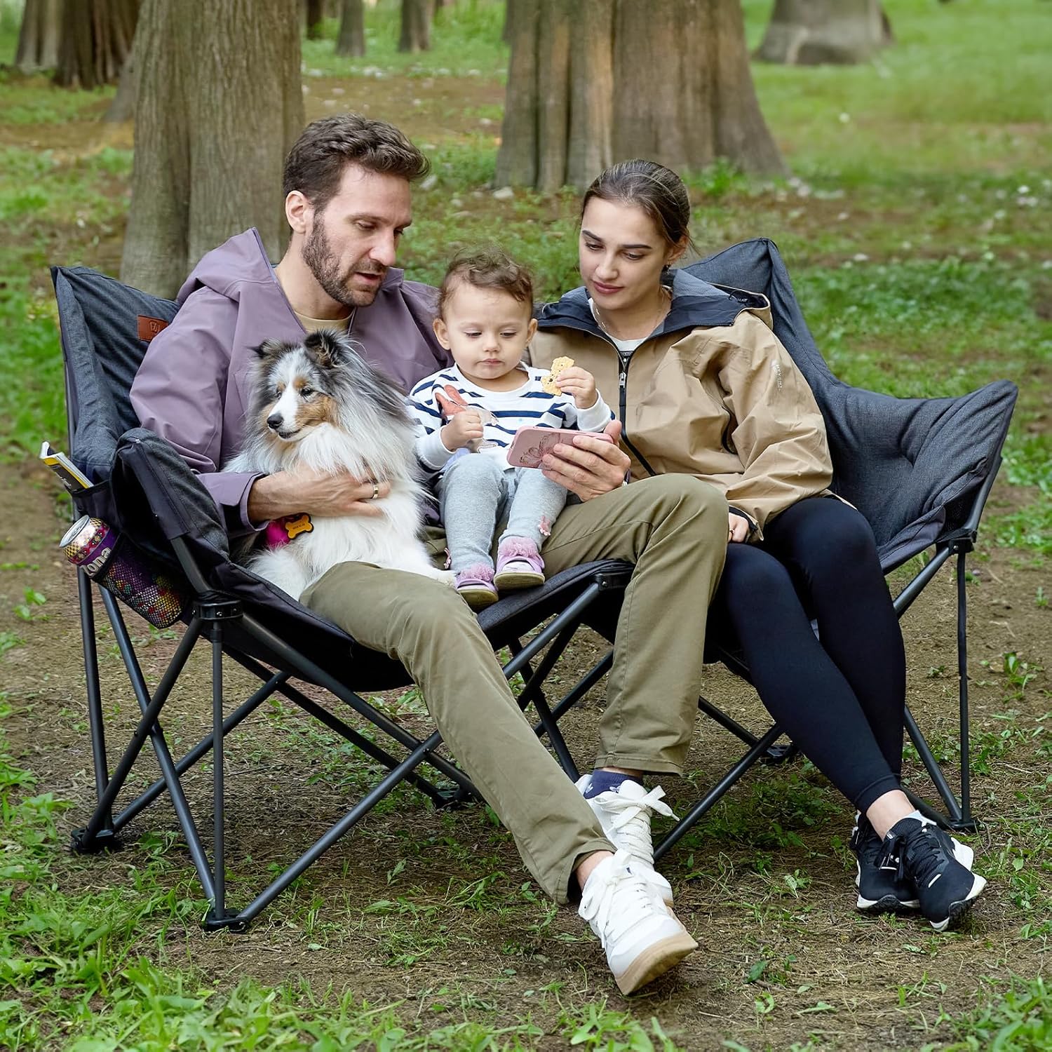 EVER ADVANCED Campingstuhl Faltbar 145cm Breit für 2 Personen Faltsofa 400KG Belastbar, Campingsofa Dick Gepolstert Klappstuhl 2 Sitzer Hohe Lehne Extra Breit für Outdoor Garten Balkon Indoor