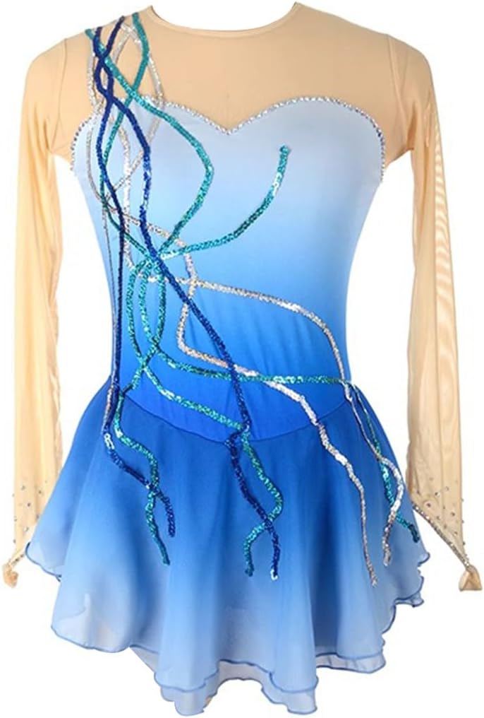 purpleq Eiskunstlauf Kleid Mädchen Kürkleid Glitzer Strass Ballettkleid Langarm Eiskunstlauf Zubehör Rollkunstlaufkleid Leotard Tanzanzug Wettbewerb Tanzkostüm Damen Tanzkleid