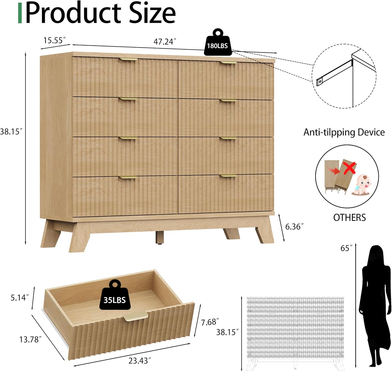 Fluted Dresser for Bedroom with 8 Drawers, 48