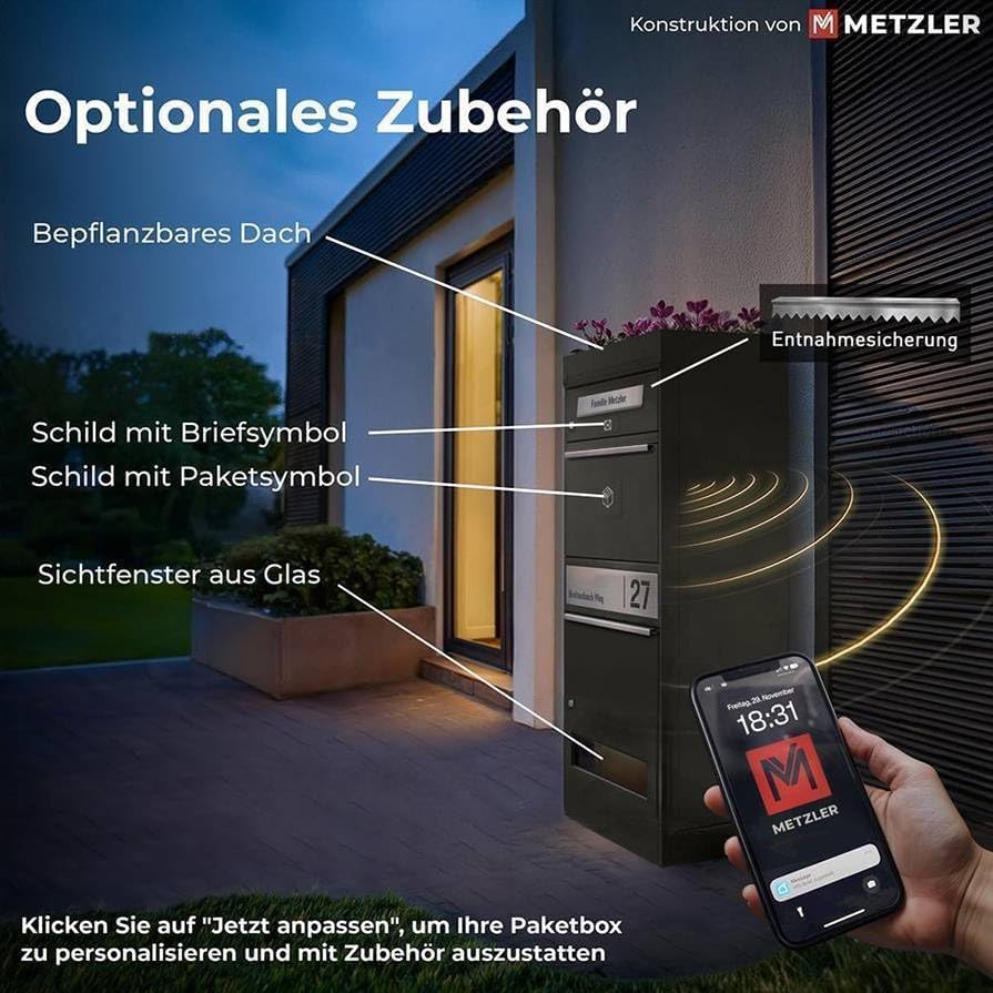 Metzler Briefkasten und Paketbox rostfrei und massiv, paketbox draussen groß XXL, Standbriefkasten modern, Paketkasten, Postbox in DB 703 Eisenglimmer mit Namensgravur, Modell Bispo 2