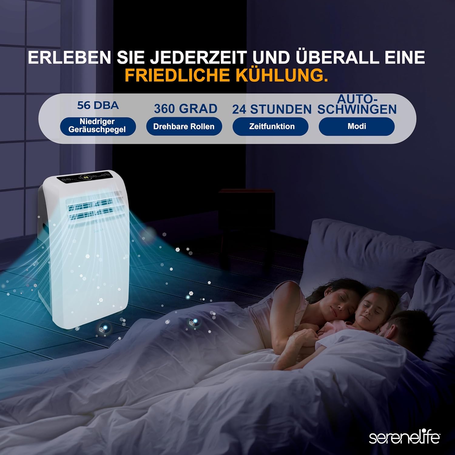 SereneLife Klimaanlage mobil, 3-in-1 mobiles Klimagert mit Abluftschlauch - Luftkühler, Luftentfeuchter & Ventilator, air conditioner 9.000 BTU, 1,5 L Feuchtigkeit/Stunde, kühlt Rume bis 42 m