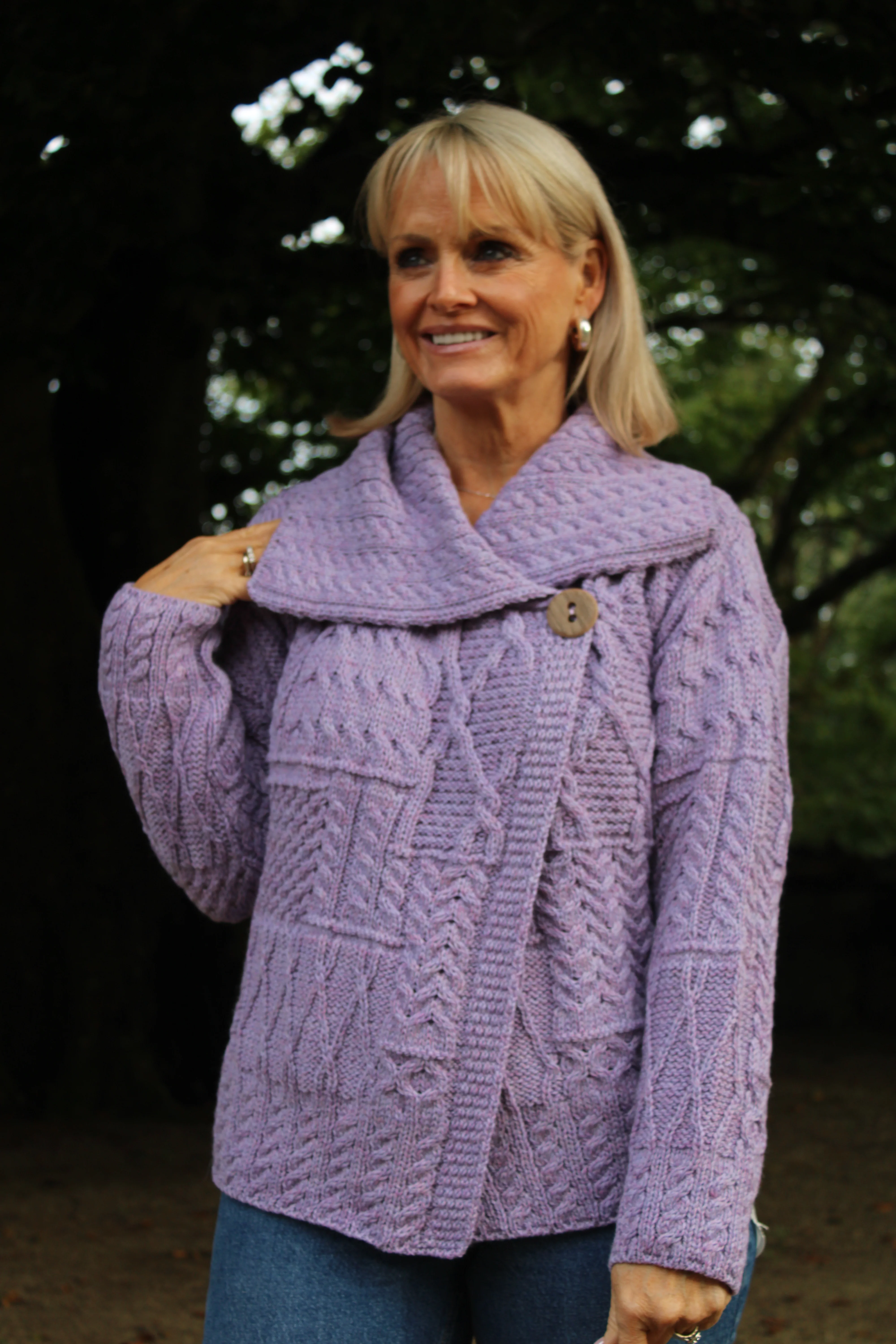 One-Button Cardigan with Draped Collar , Lavender