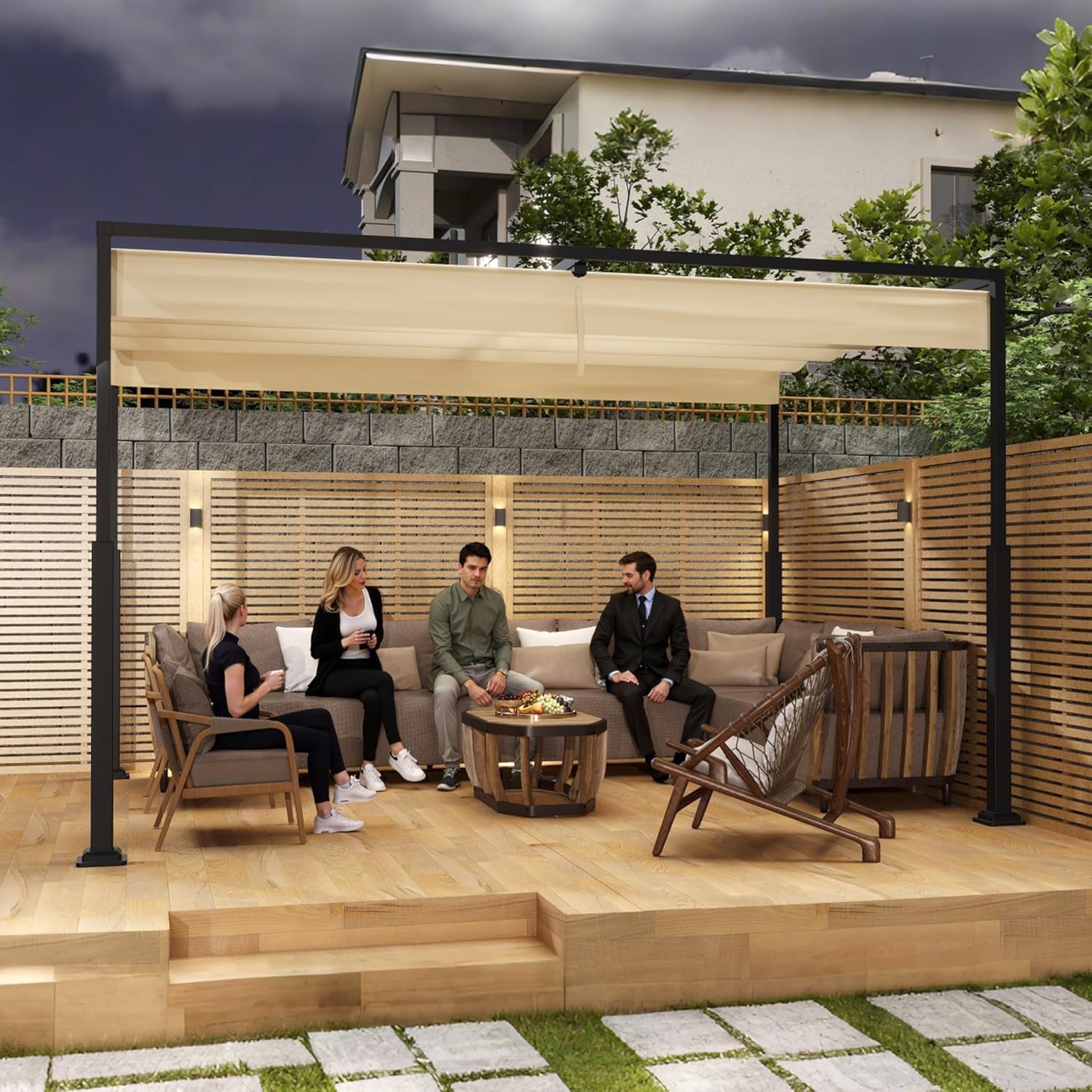 3x4m Pergola, Sturdy Metal Frame, Garden Gazebo with Sunroof and Sun Protection, Retractable Solar Tent for Garden, Terrace and Balcony (Beige)