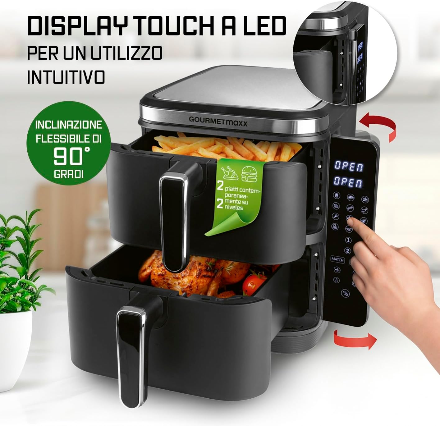 GOURMETmaxx FryUp Friggitrice verticale ad aria calda a doppia camera | Friggitrice 10 litri | 4 piatti su 4 livelli | Display touch richiudibile | 32% in più di risparmio di spazio | Calda 2 camere
