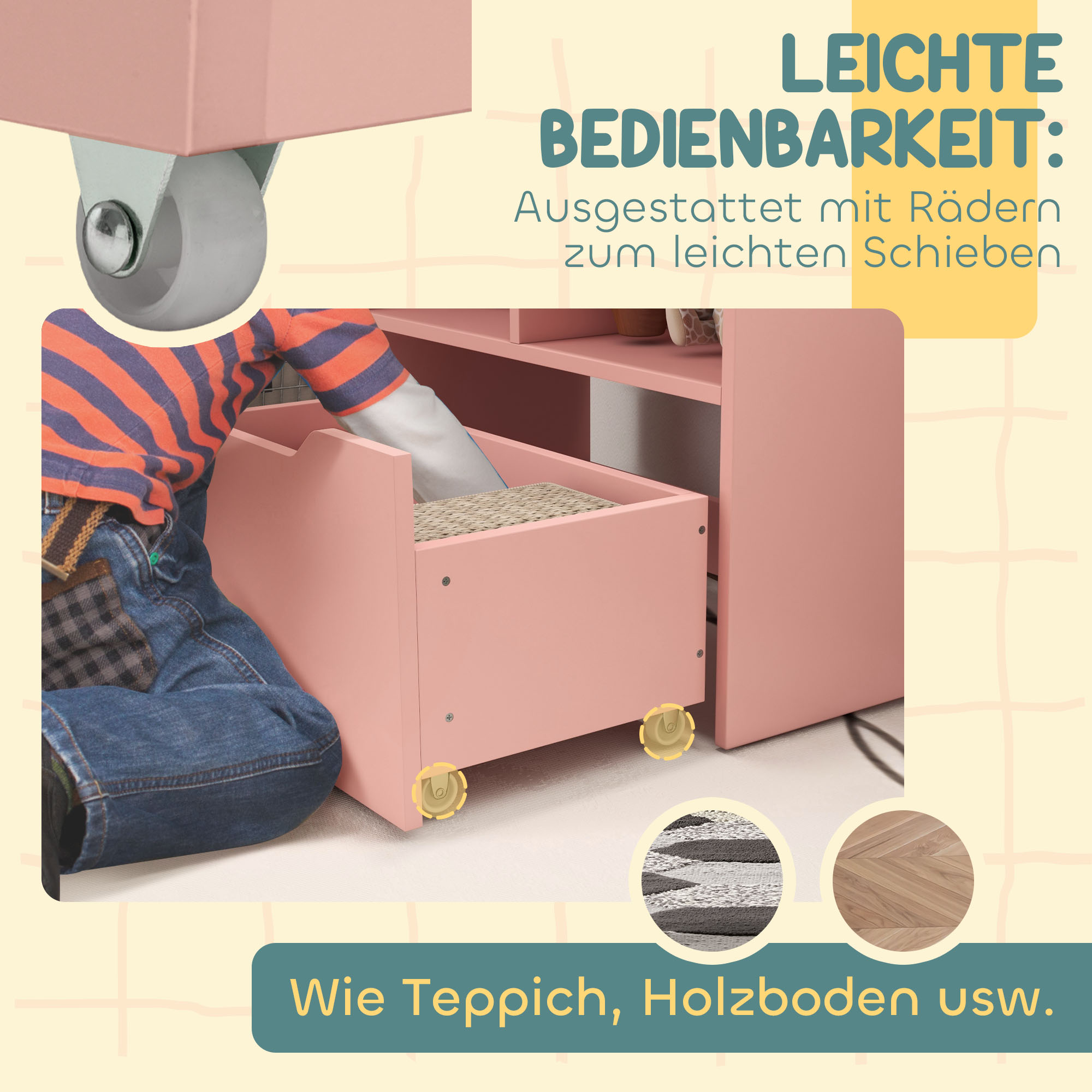 Kinderrek met Lade en Boekenrek met Vakken, 60 x 29,9 x 90 cm, Roze