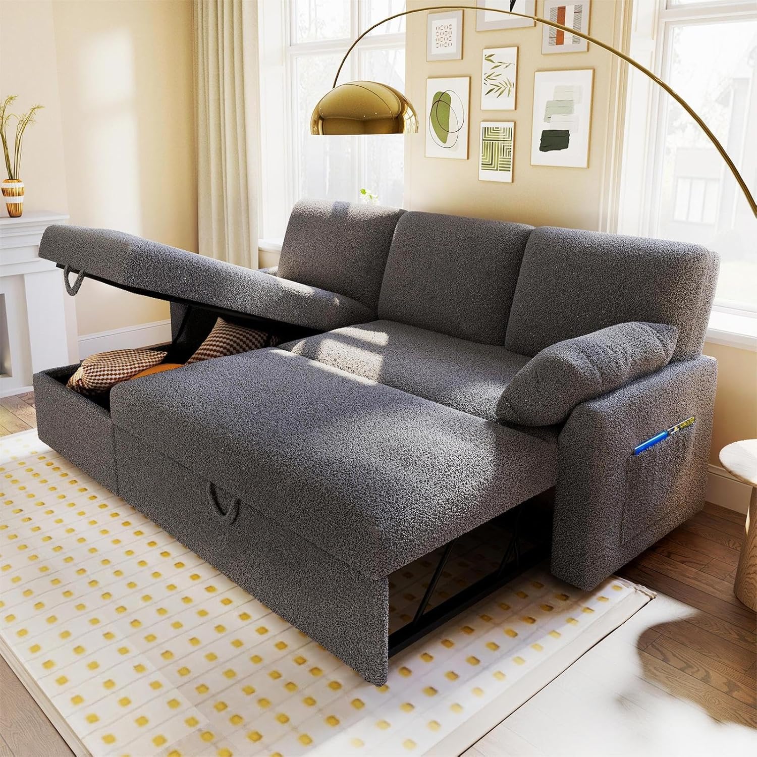 Sofa Bed Sleeper Pull Out Couch with Storage Chaise White Sherpa for Living Room