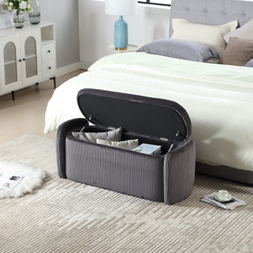 Moderner eleganter Aufbewahrungshocker, hocker aus gestreiftem Samt, angenehmes Sitzgefühl, geeignet für Wohnzimmer, Eingangsbereich, Dunkelgrau