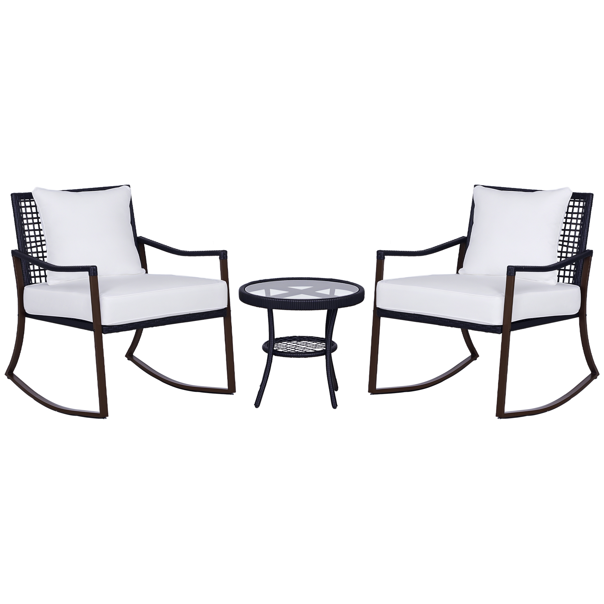 Outsunny Gartenmöbel-Set für 2 Personen, 2 Schaukelstühle, 1 Tisch, inkl. Polster, Braun + Weiß