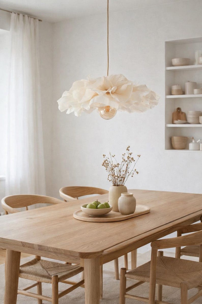Pantalla de lámpara de papel crepé con estampado floral color crema de 50 cm, lámpara colgante de techo con diseño floral.