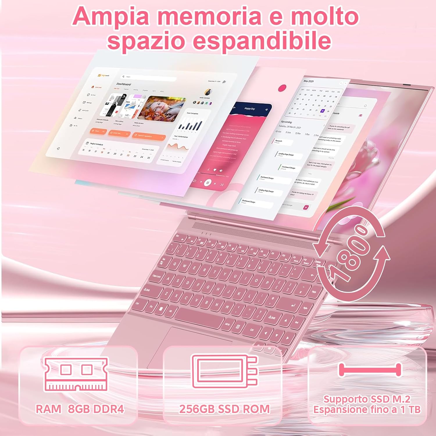 PC Portatile Computer Portatile Notebook 14 Pollici N5095 (fino a 2.9 GHz), Laptop Win11 8GB 256GB SSD 1TB Estensioni丨2.4G+5G WIFI 丨Ventola Raffreddamento Schermo丨1920 * 1200 2K FHD-Pink