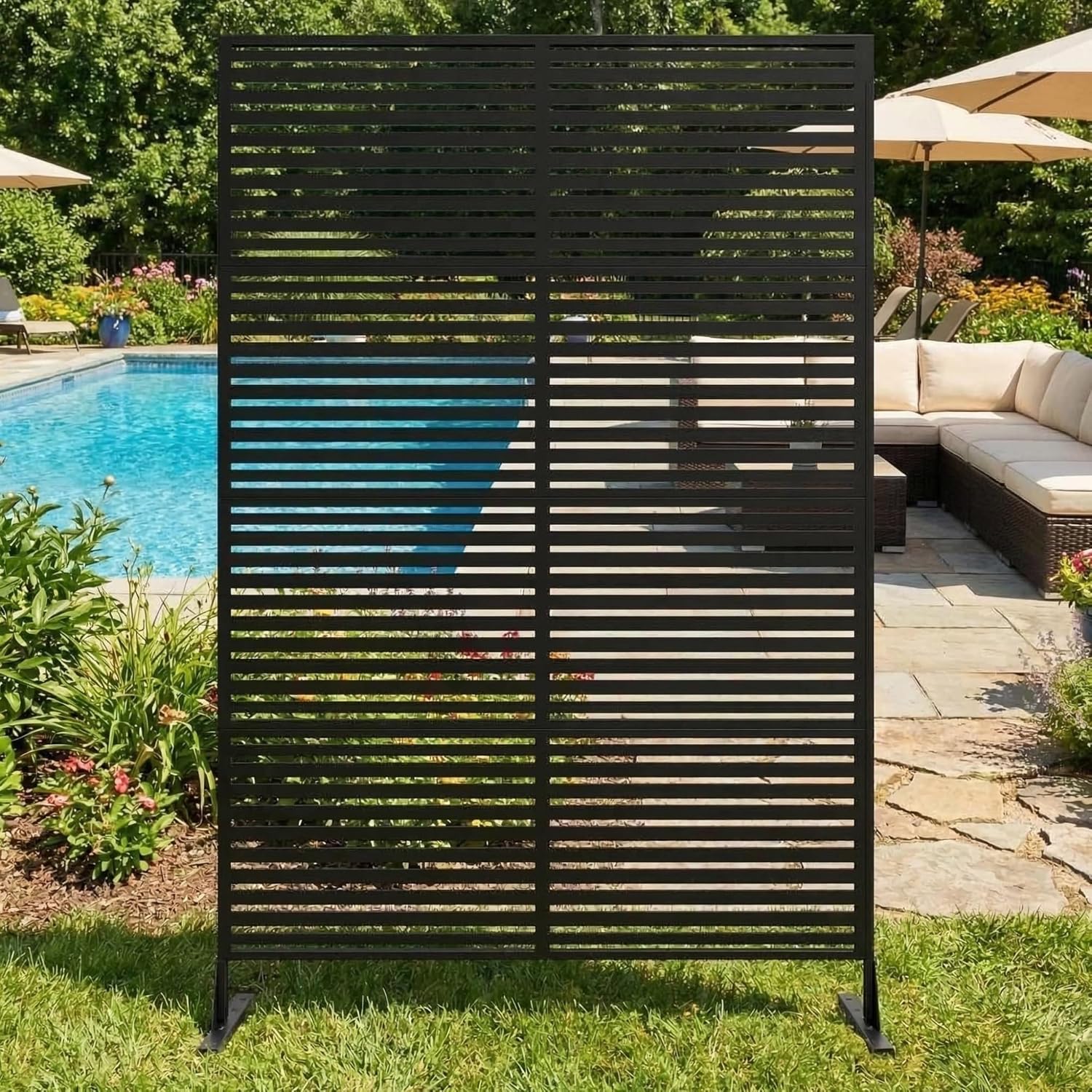 Sichtschutz Metall, Freistehender Paravent 180x120 cm, Wetterfester Sichtschutz Für Garten Terrasse Balkon Outdoor Deko, Raumteiler Mit Ständer, Verzinkter Stahl, Horizontalstreifen Schwarz