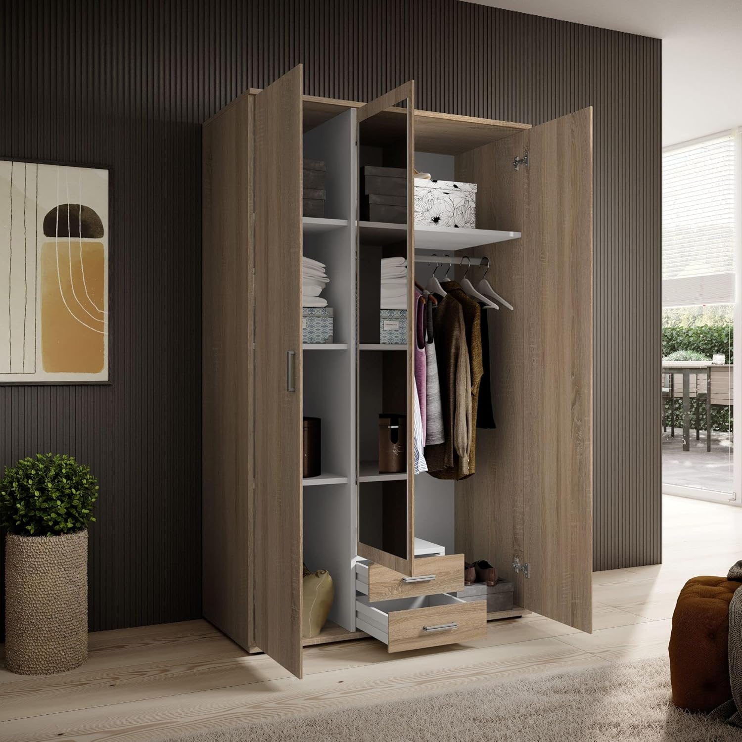 KARL Elegant 3 Door Wardrobe with Large Capacity, Versatile in Sonoma Oak Effect with Mirror Door, 120 x 195 x 55 cm