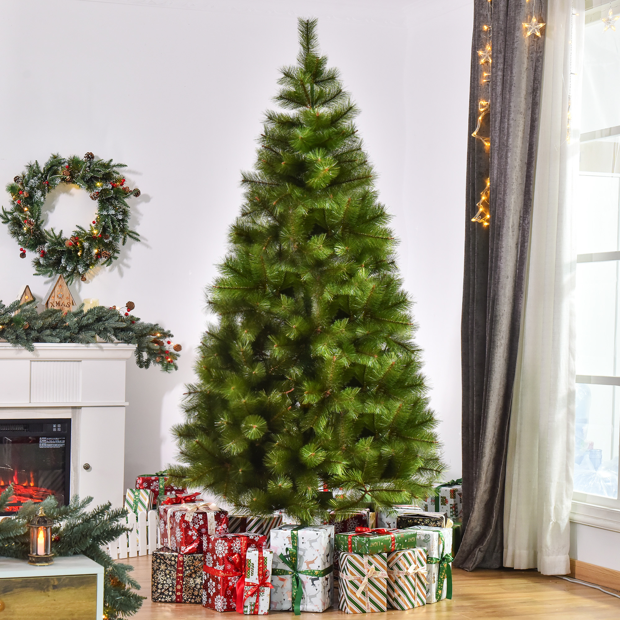 Kunstkerstboom 2,1 m kerstboom dennenboom 505 takken dichte takken eenvoudig te monteren authentieke kerstboom met metalen standaard PET metaal groen ? 90 x 210 cm