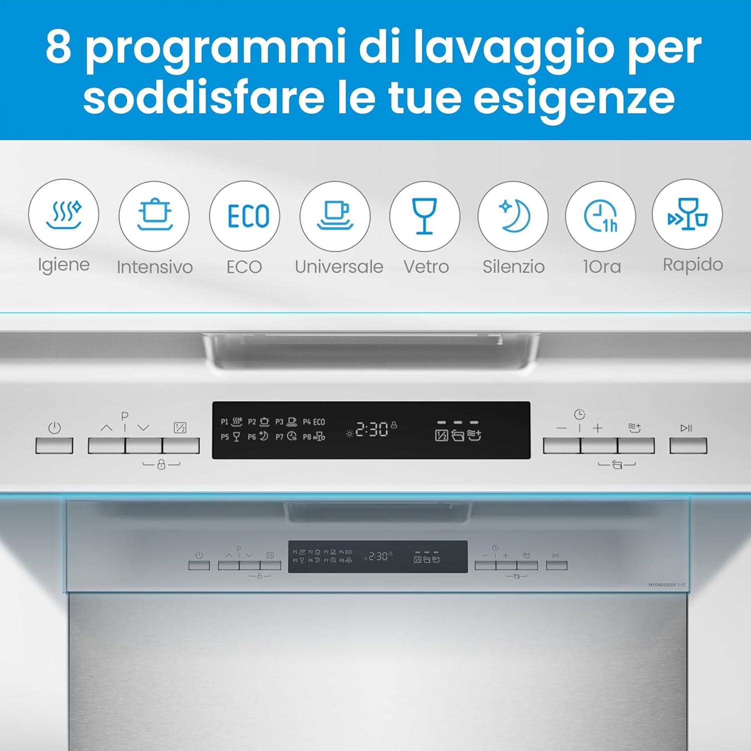 Midea MFD60S200X.1-IT Dishwasher Freestanding with 14 Places, 8 Programs, LED Display, Delay Start, Half Load Function, Extra Drying - Stainless Steel