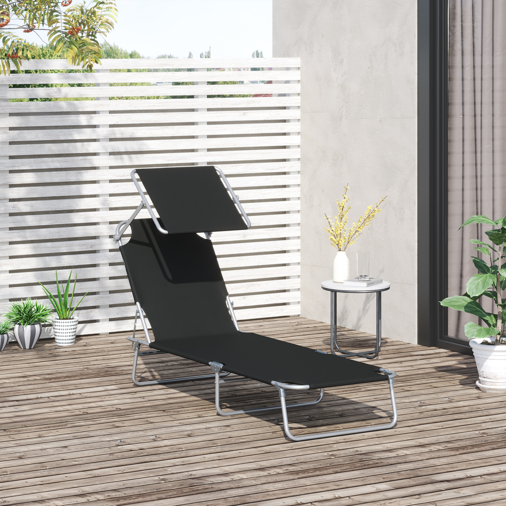 Outsunny Sonnenliege klappbar Gartenliege mit Sonnenschutz Liegestuhl mit 4-Fach verstellbare Rückenlehne Campingliege bis 120kg belastbar für Garten, Balkon und Pool geeignet, 6 Farben(Schwarz )