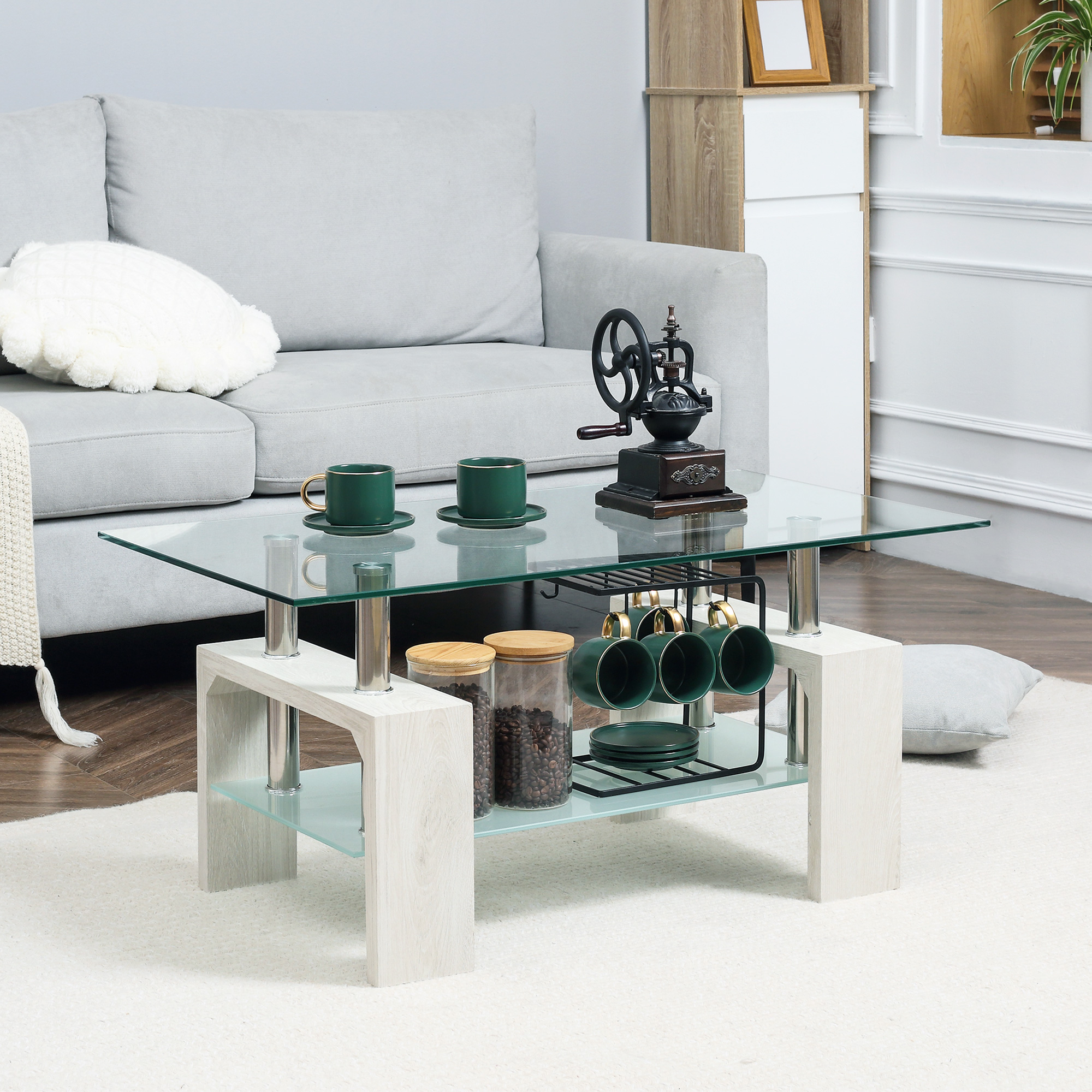 HOMCOM Moderner Couchtisch mit 2 Ebenen aus Glas und Holz, 90x50x42cm, Weiß