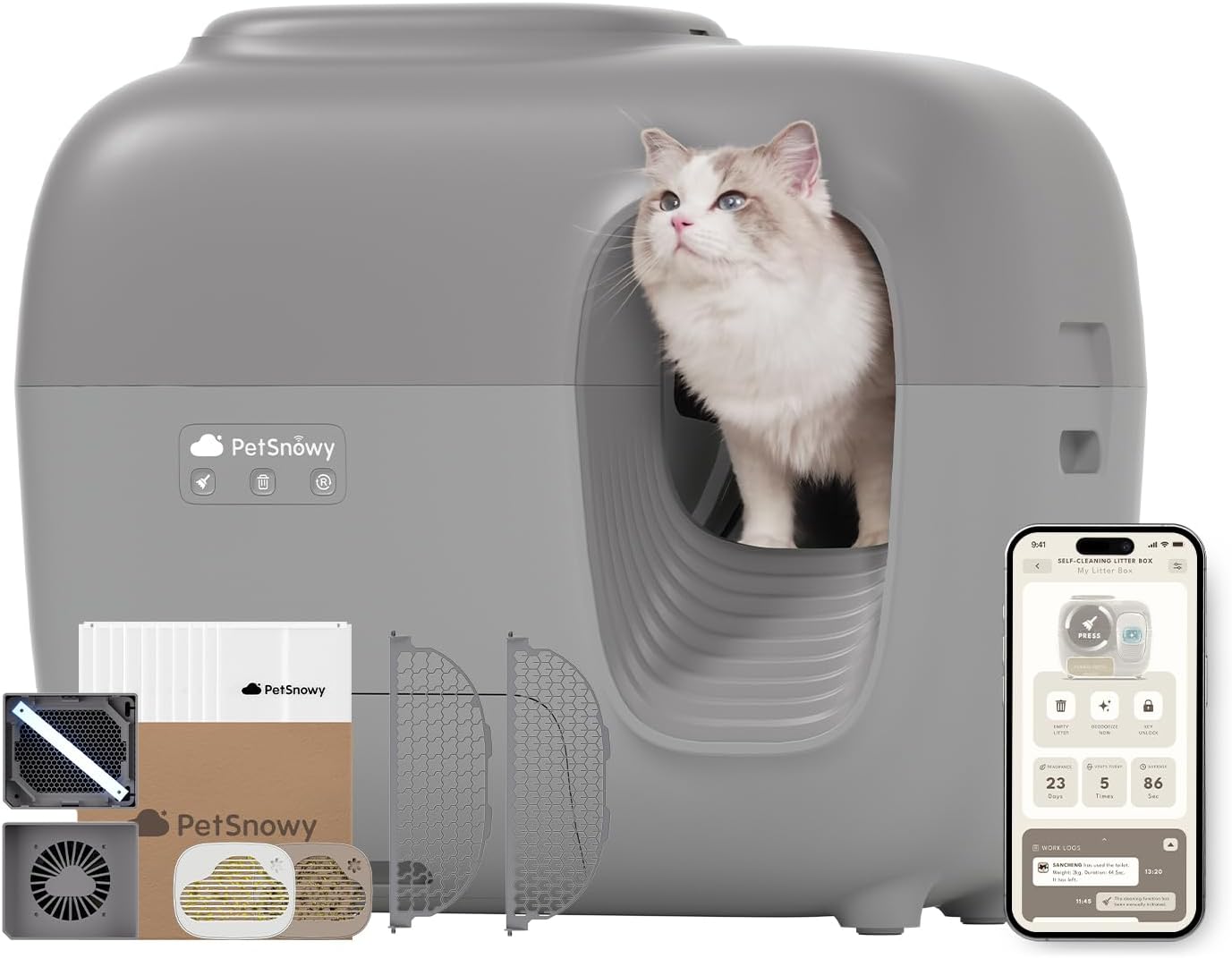 PetSnowy Snow+ Lettiera Gatto Autopulente con Stop all'odore di TiO2 alla fonte/Controllo tramite APP/7 livelli di protezione/Rilevamento multiplo di gatti, Max Capacità 83L per gatti 1,5-9 kg