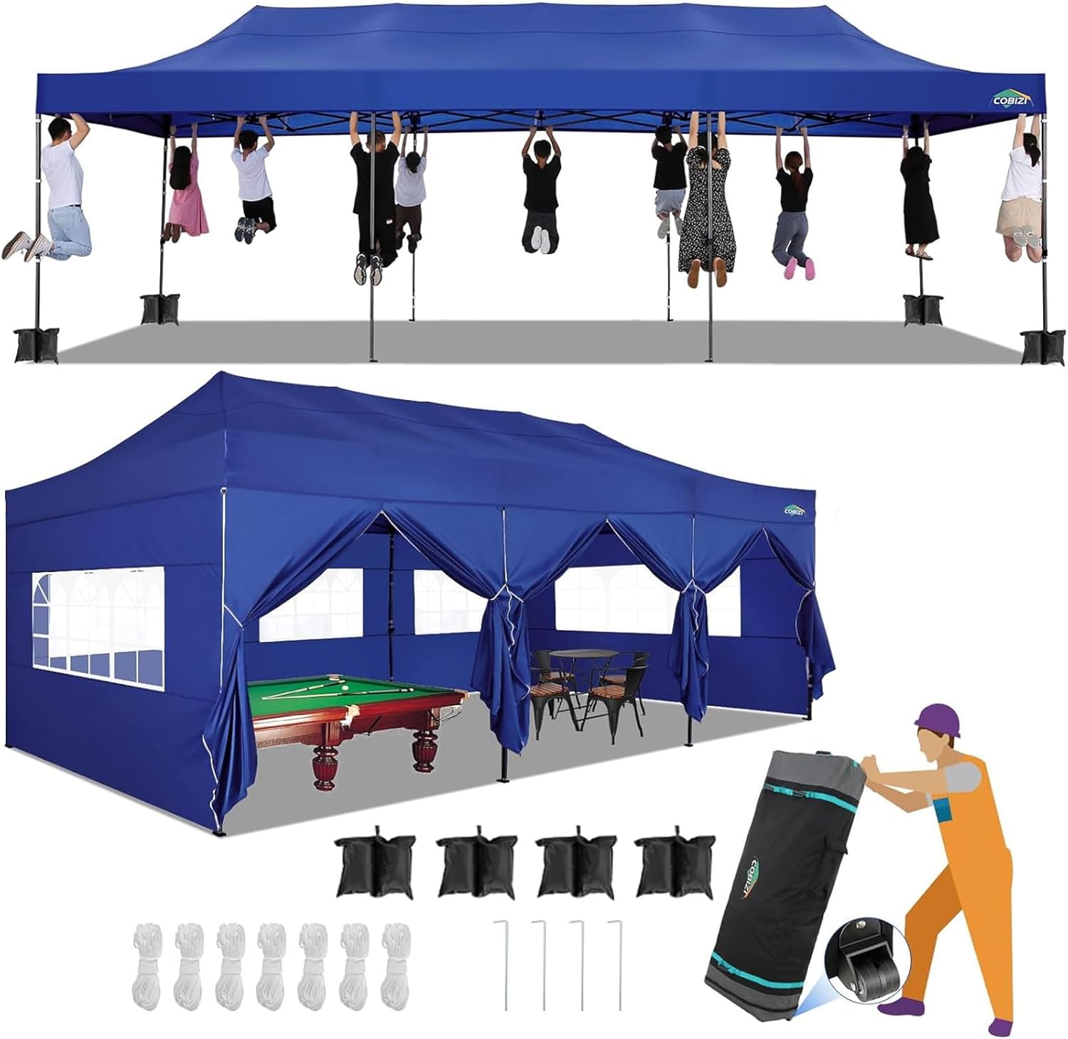 COBIZI 10x30 Pop up Canopy Tent 10x30 Canopy with Sidewalls  Heavy Duty Party Tent Tents for Parties  Foldable UPF 50+ Waterproof Commercial Easy up Canopy with Roller Bag  Navy Blue(Windproof)