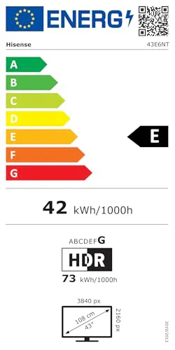 Hisense 43E6NT 108cm (43 Zoll) Fernseher, 4K UHD Smart TV, Precision Colour, HDR, Dolby Vision, 60Hz, Triple Tuner DVB-C/S/S2/T/T2, WiFi, HDMI 2.1, Bluetooth, Alexa Built-in, Schwarz, [2024]