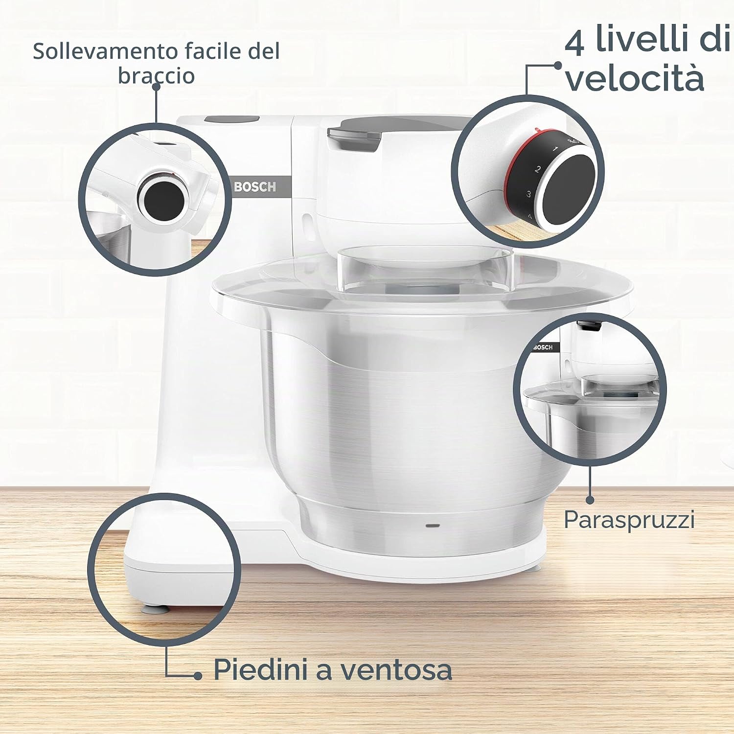 Bosch MUMS2EW00 Impastatrice, 700 W Ciotola da 3.8L in Acciaio Inox, Bianco