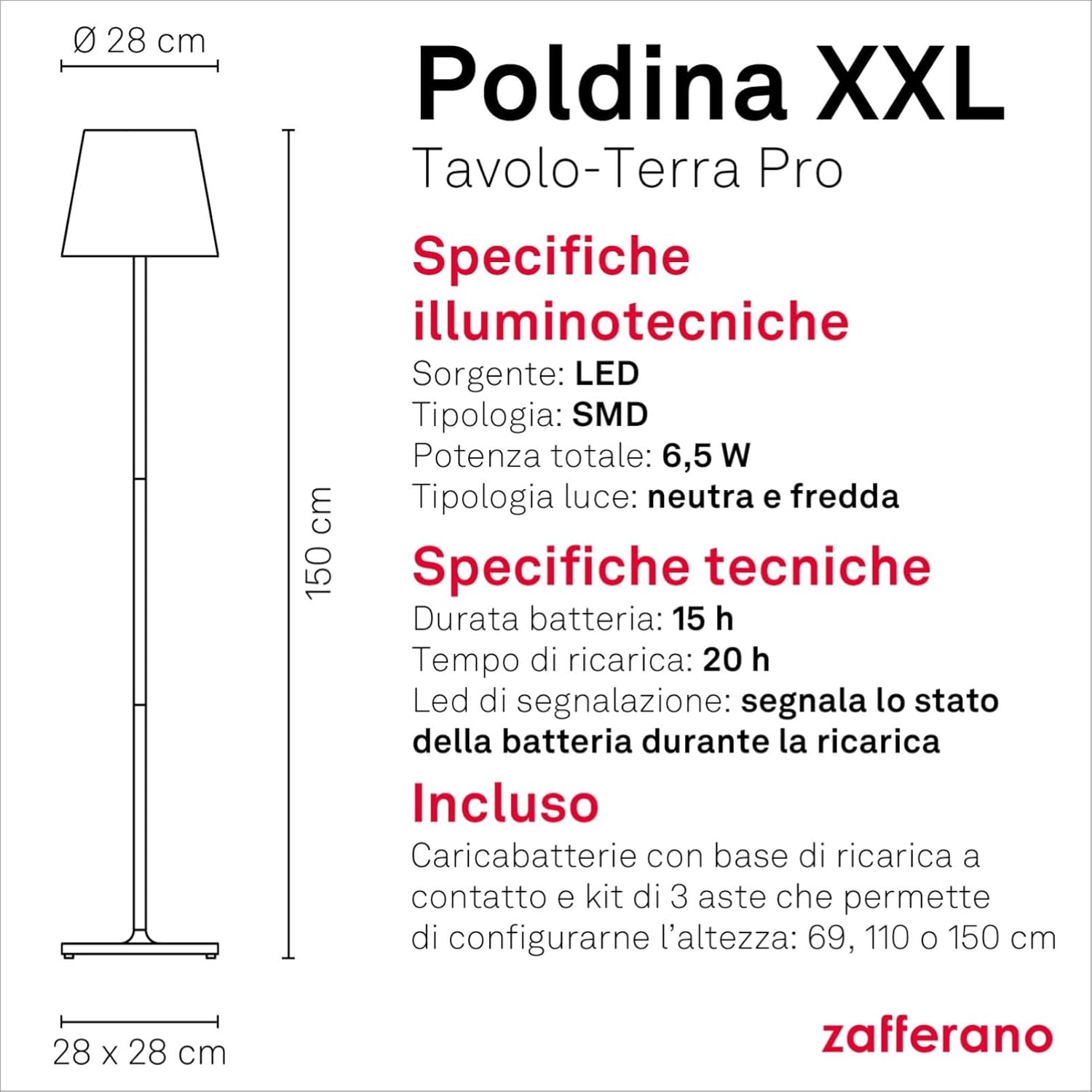 Zafferano, Poldina XXL, Rechargeable and Wireless Floor Lamp with Touch Control, Suitable for Living Room and Outdoor, Dimmer, 2700-3000 K, Adjustable Height 69-150 cm, White