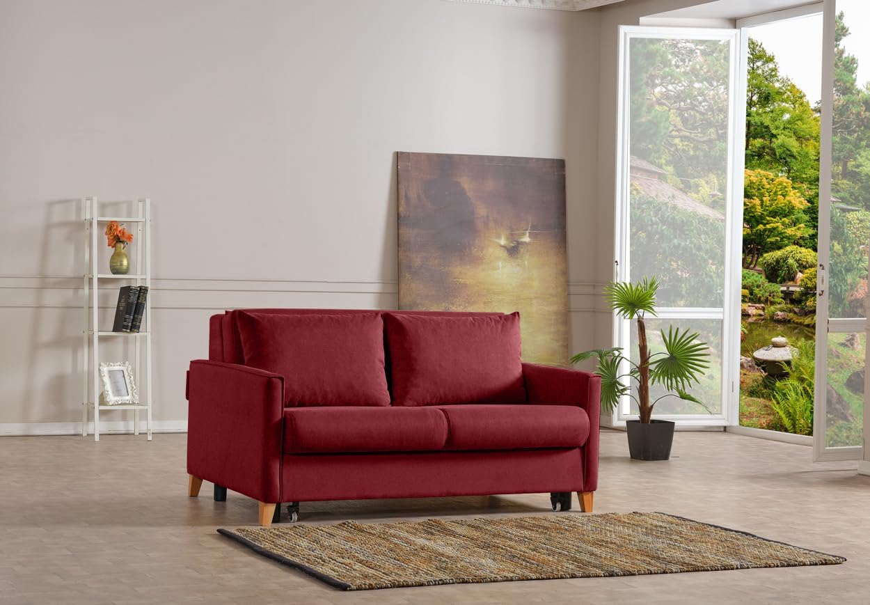 EVERGREENWEB - Divano Letto 2 Posti Matrimoniale L165xP110xA90 con Box Contenitore Struttura Pieghevole Imbottita Tessuto Bordeaux, Schienale a Doppio Cuscino, Sofà con Chaise Longue Estraibile CALION