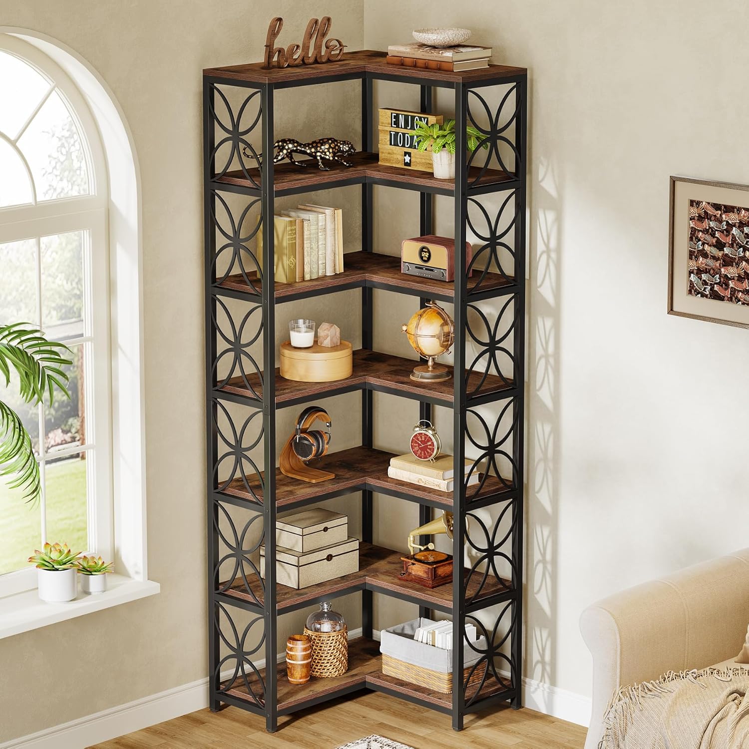 Tribesigns Libreria Angolare da 200 cm, Scaffale Angolare a Forma di L in Legno con 7 Ripiani, Stile Industriale, Angoliera Soggiorno per Soggiorno, Cucina, Ufficio, Marrone Rustico e Nero