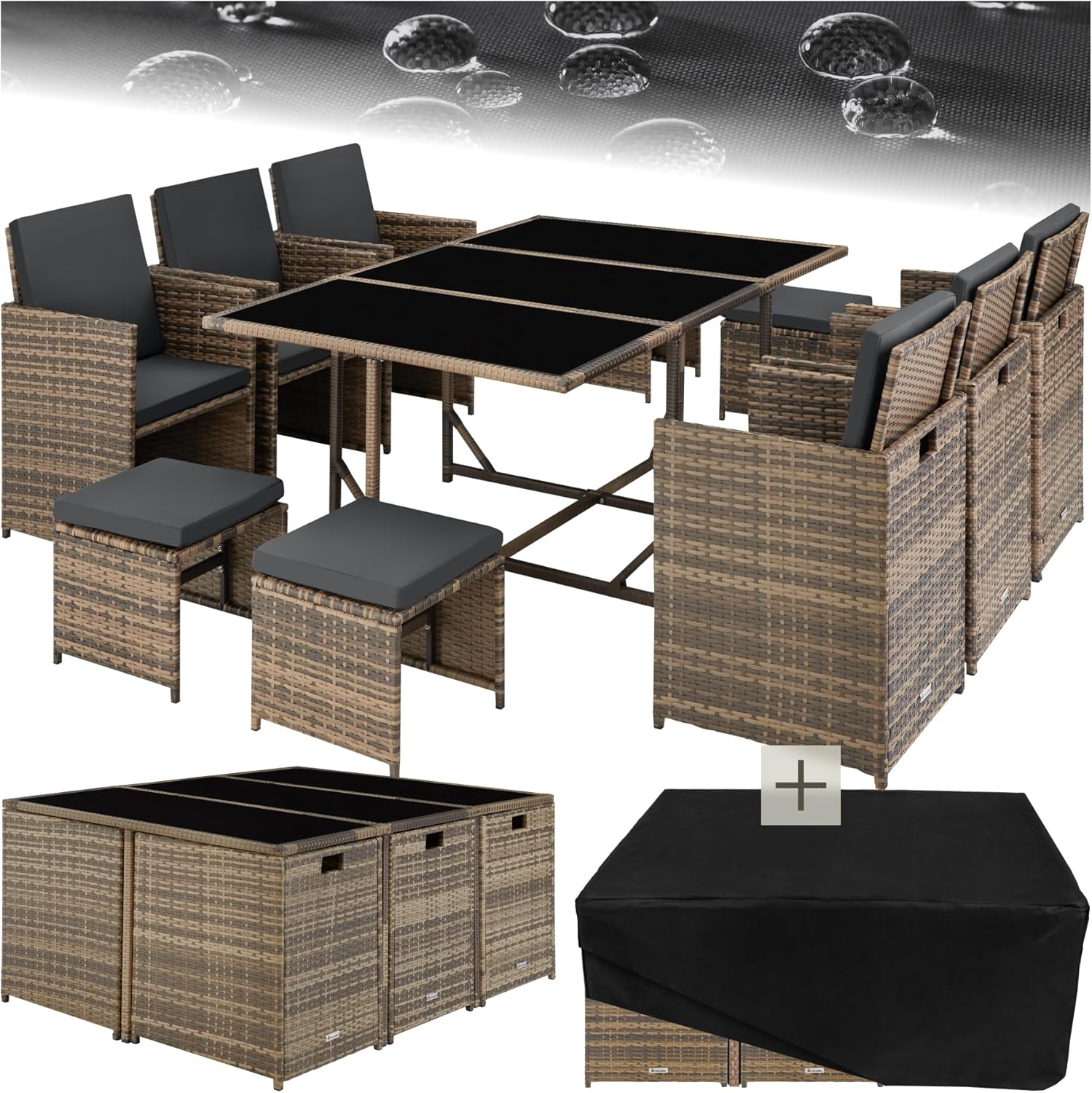 TecTake® Set in Poli Rattan, Set da Conversazione, Arredamento Giardino Elegante, 6 Sedie da Esterno, 1 Tavolo in Vetro, 4 Sgabelli, Ideale per Balcone, Giardino e Terrazzo - Naturale